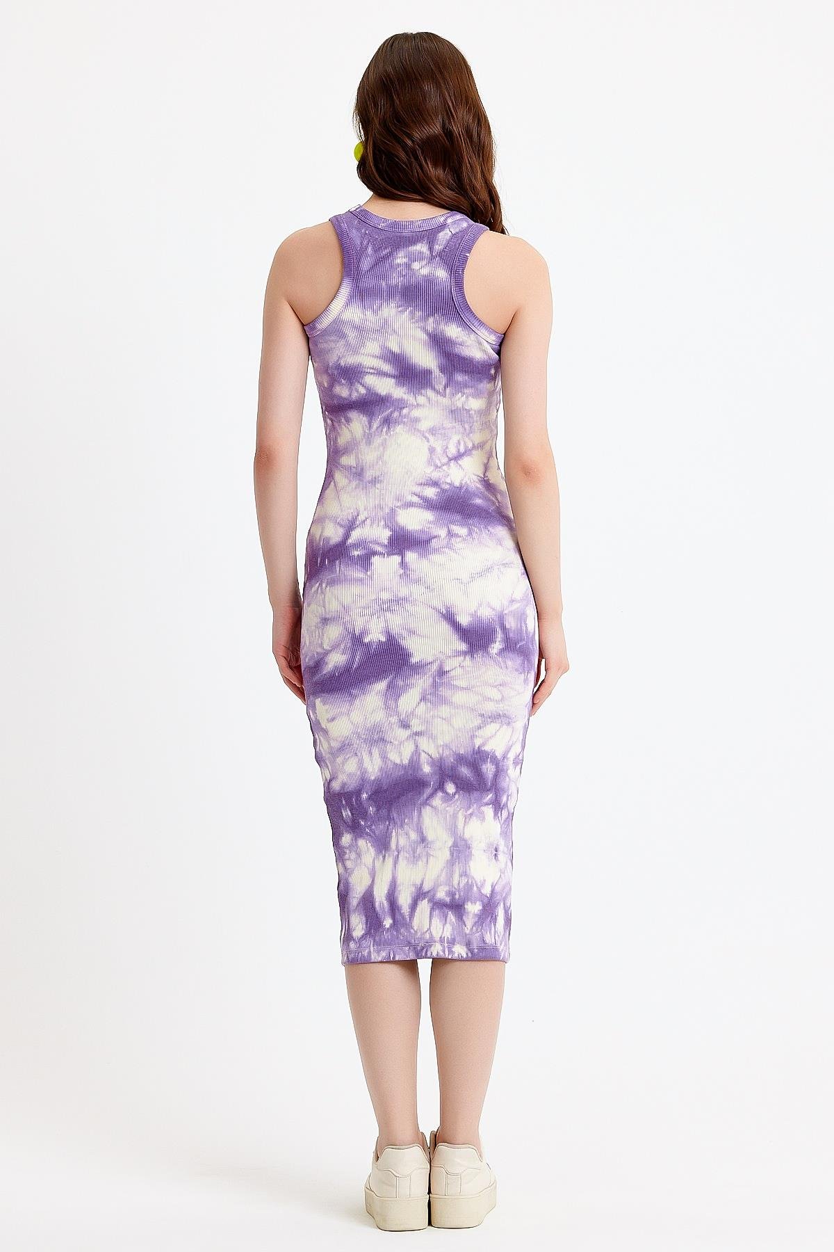 Batik Baskılı Sıfır Kol Mor Bodycon Elbise