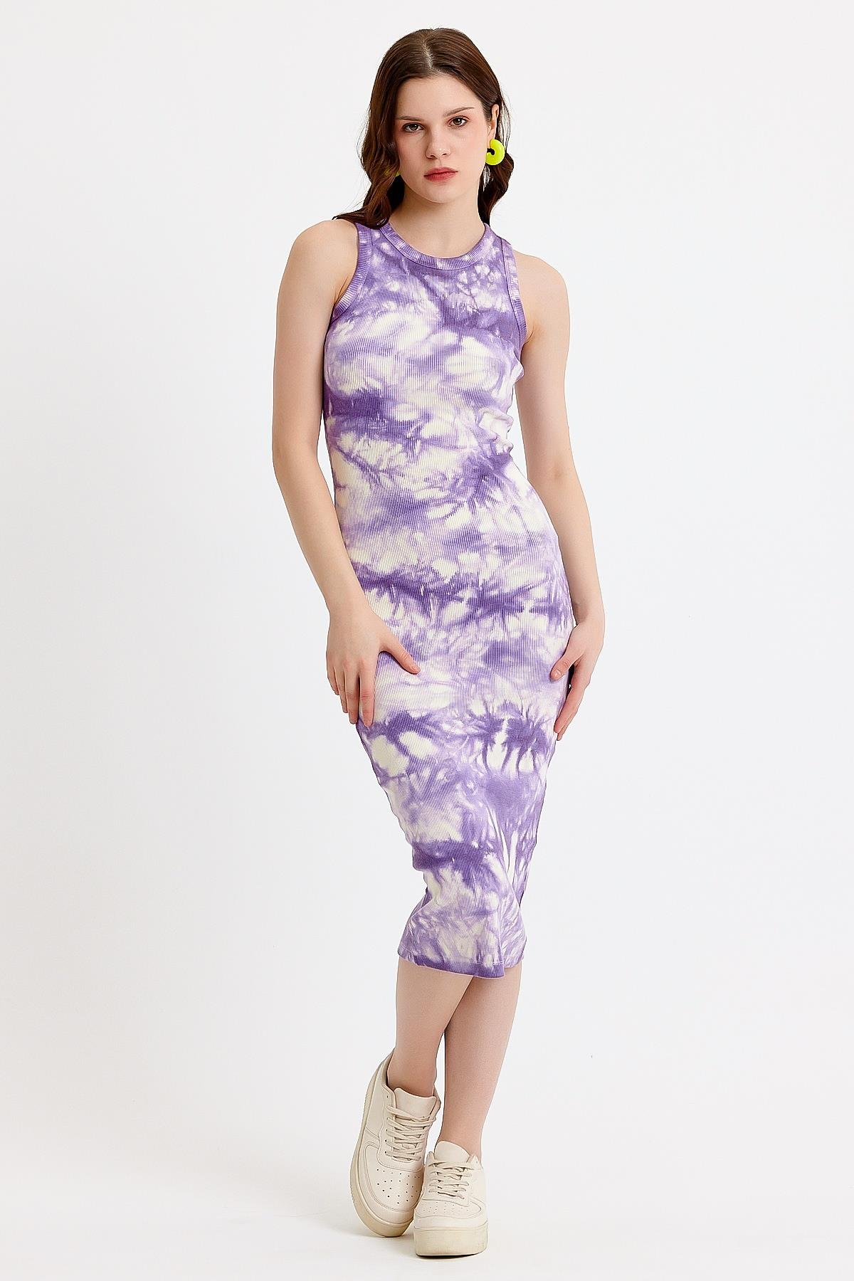 Batik Baskılı Sıfır Kol Mor Bodycon Elbise