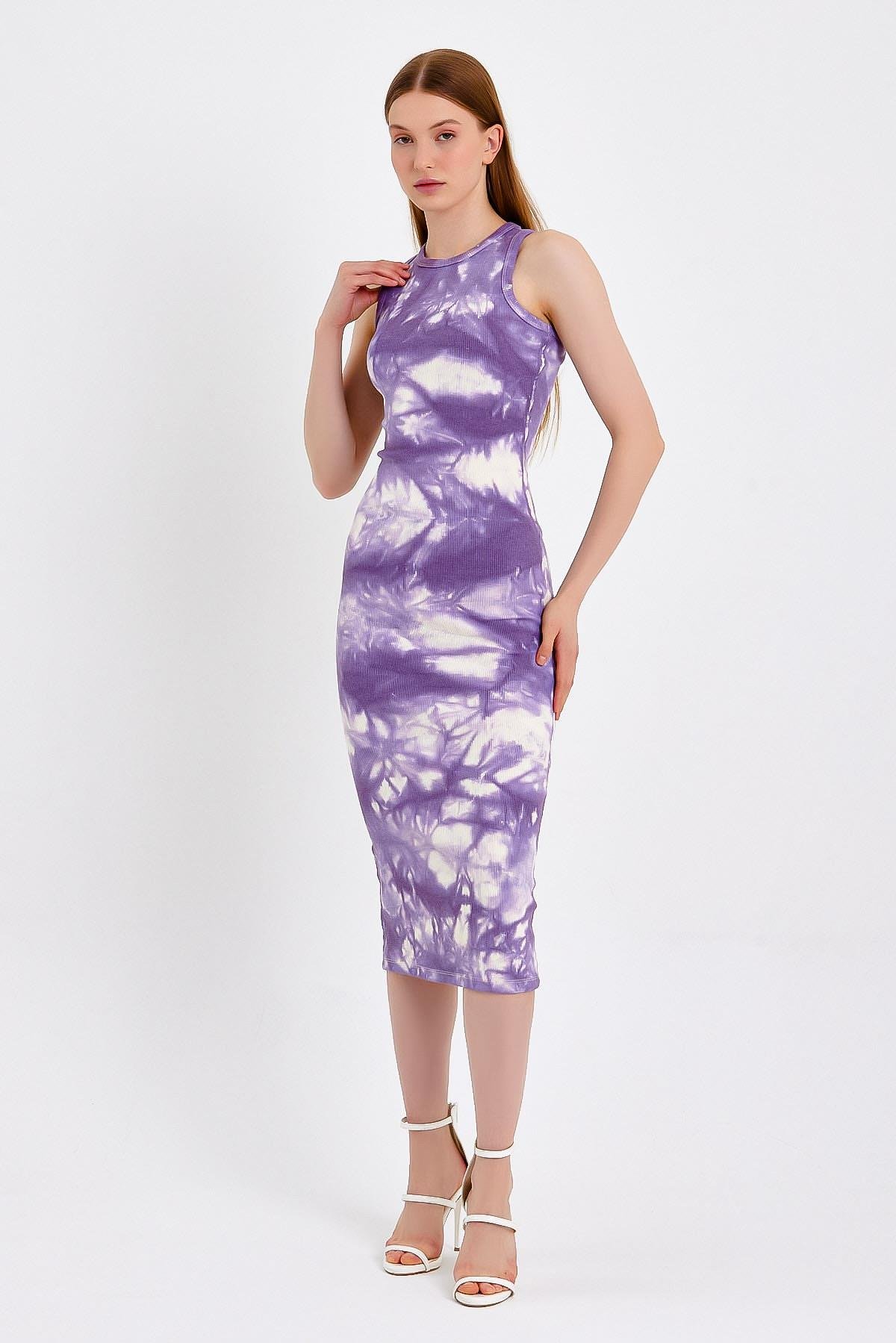 Batik Baskılı Sıfır Kol Mor Bodycon Elbise