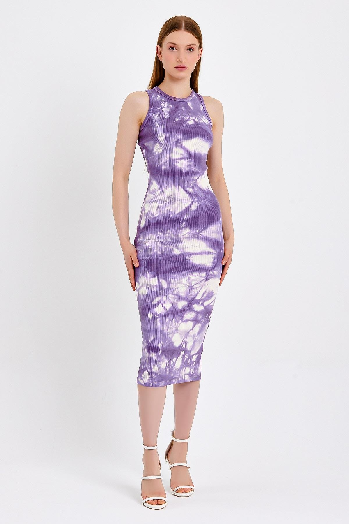 Batik Baskılı Sıfır Kol Mor Bodycon Elbise