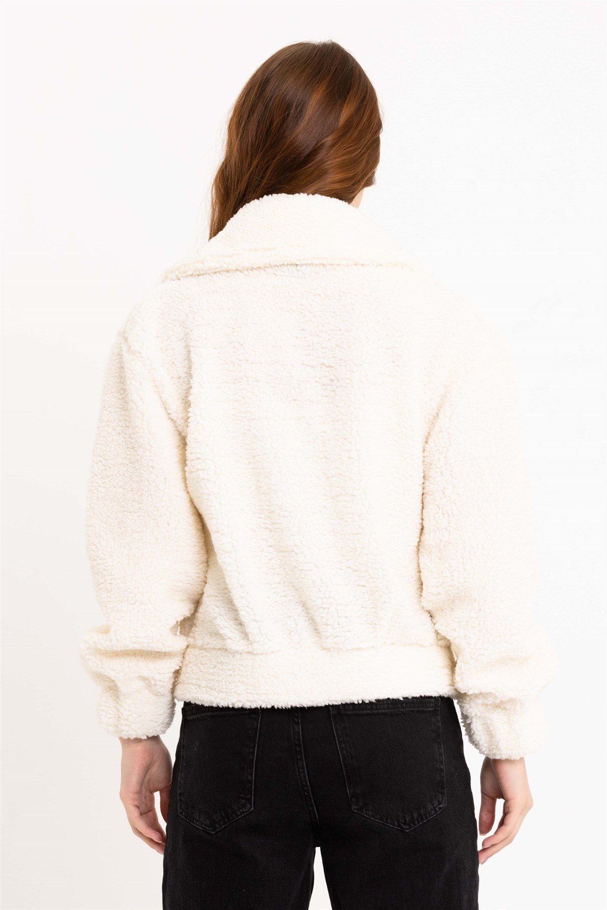 Kadın Fermuarlı Ekru Peluş Ceket