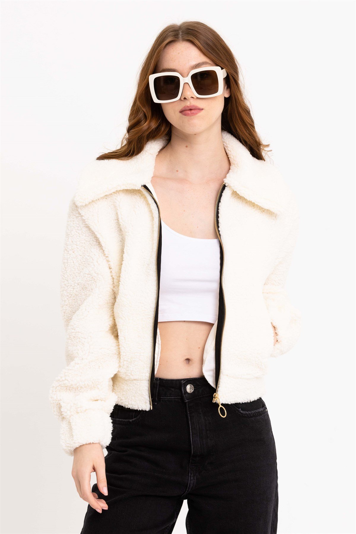 Kadın Fermuarlı Ekru Peluş Ceket