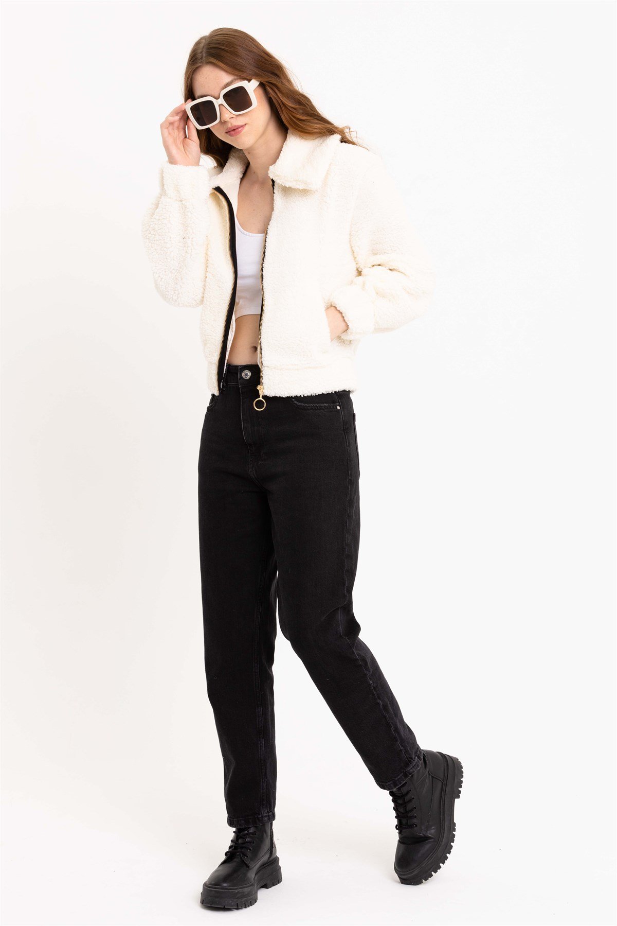 Kadın Fermuarlı Ekru Peluş Ceket