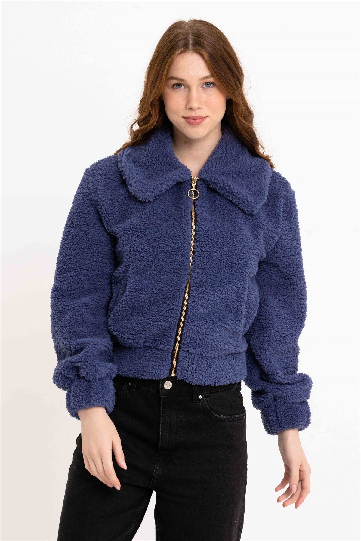 Kadın Lacivert Fermuarlı Peluş Ceket