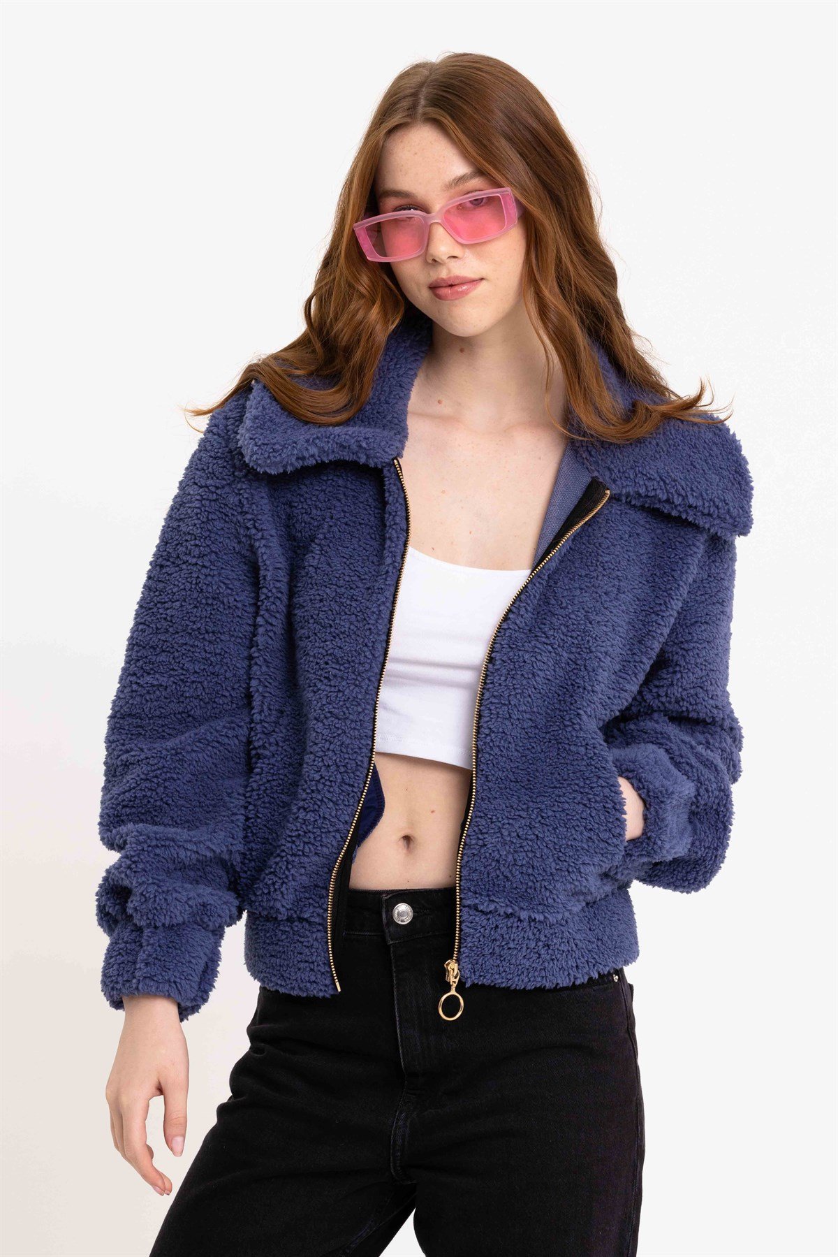 Kadın Lacivert Fermuarlı Peluş Ceket