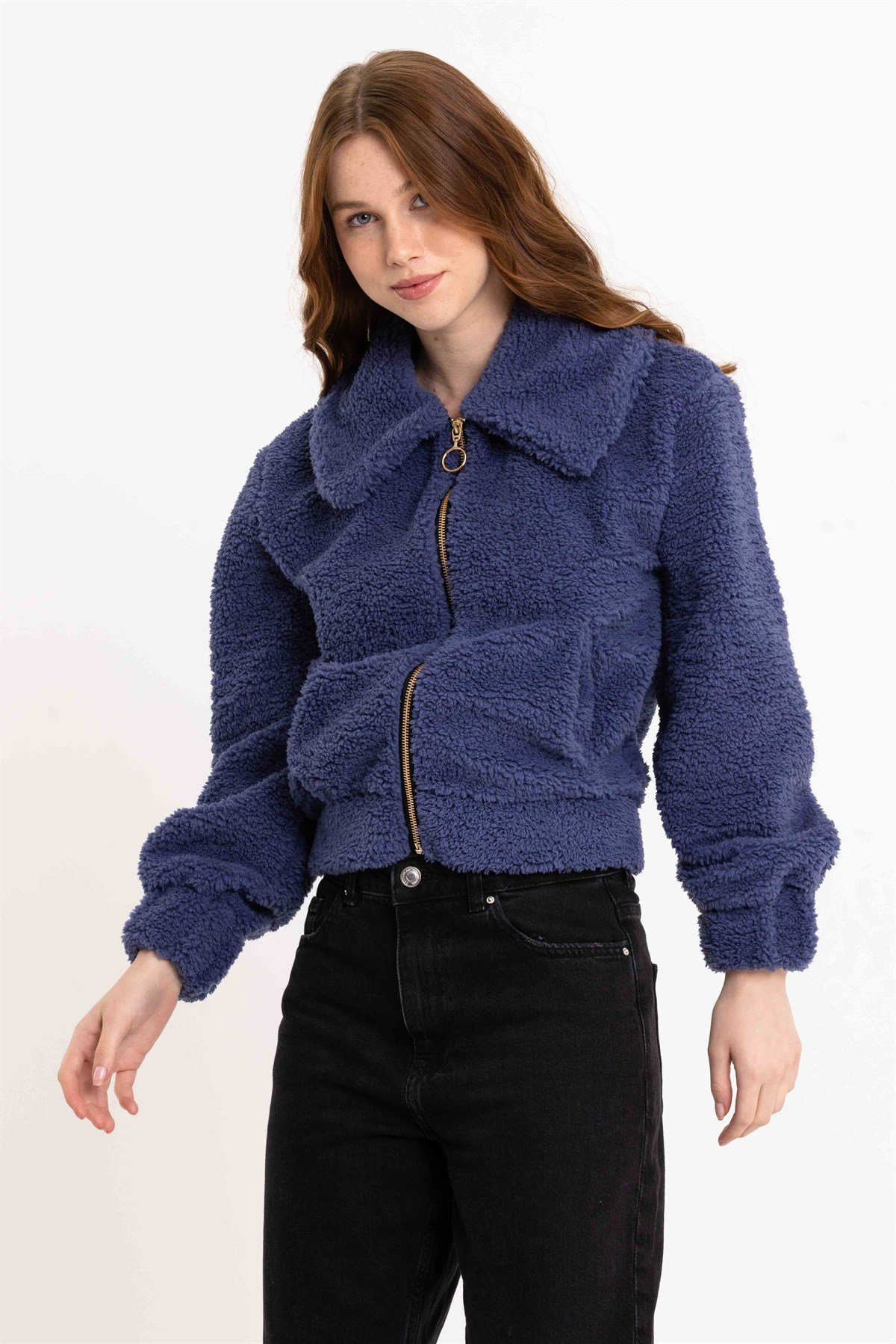Kadın Lacivert Fermuarlı Peluş Ceket