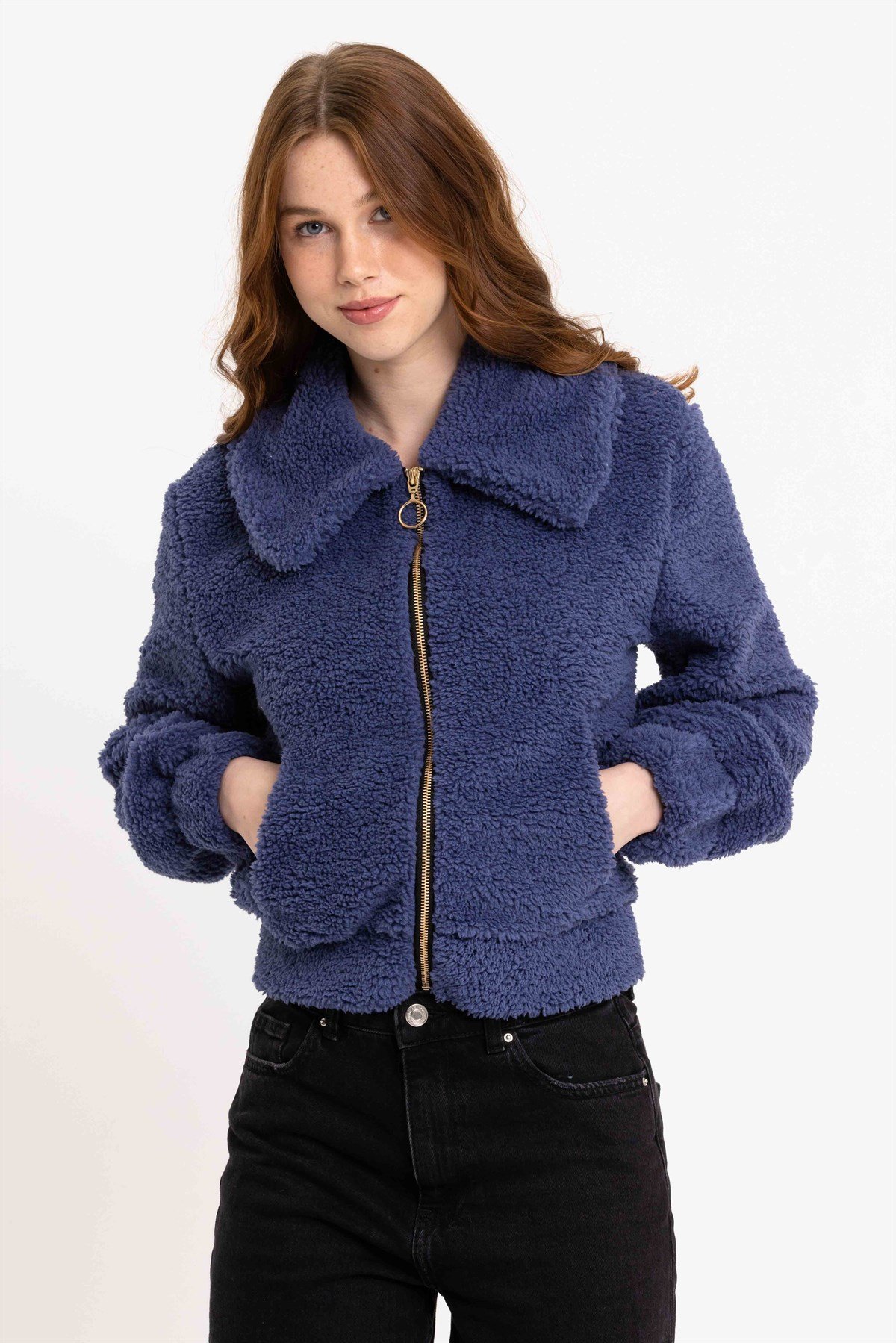 Kadın Lacivert Fermuarlı Peluş Ceket