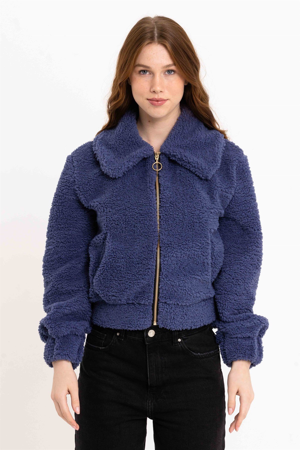 Kadın Lacivert Fermuarlı Peluş Ceket