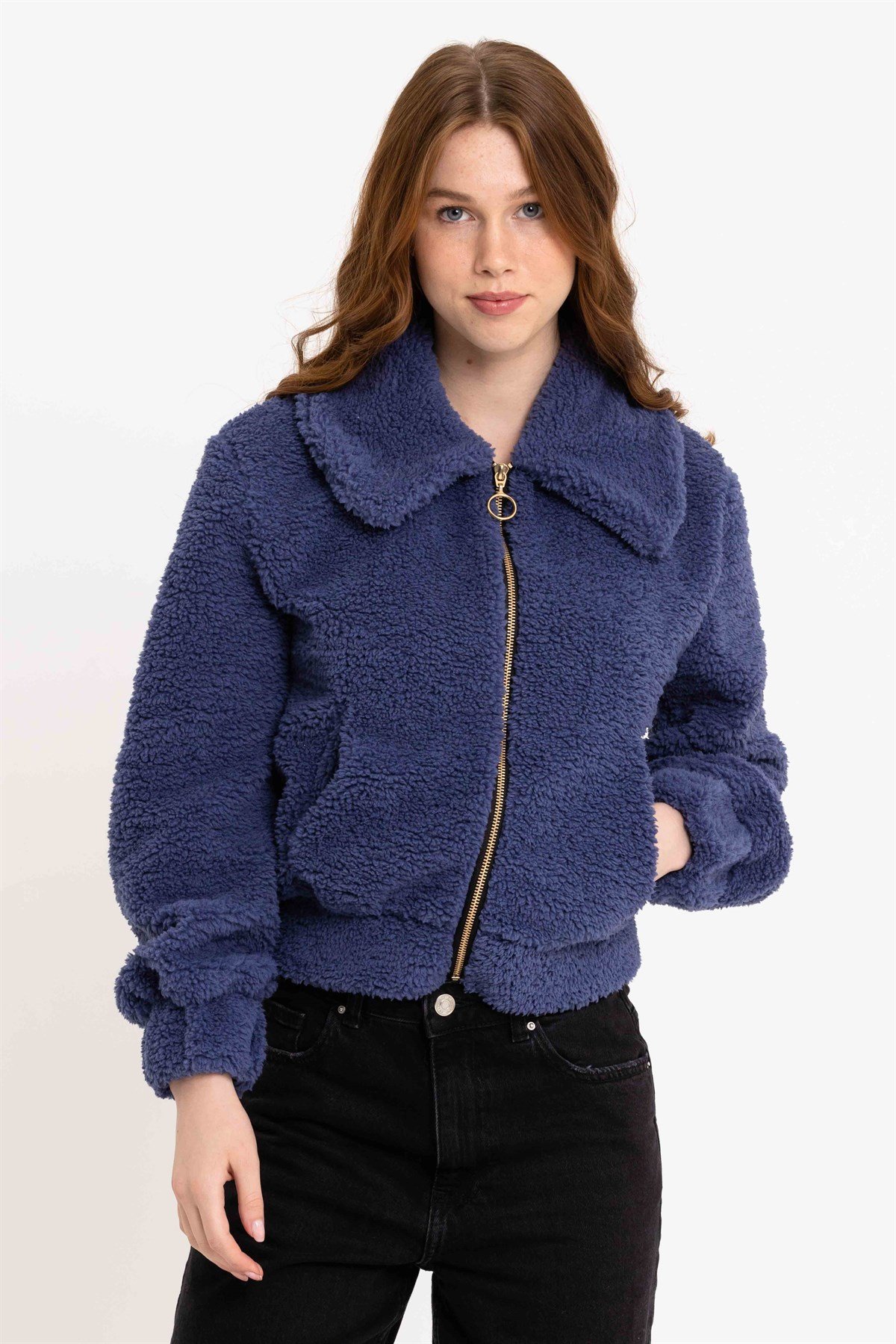 Kadın Lacivert Fermuarlı Peluş Ceket