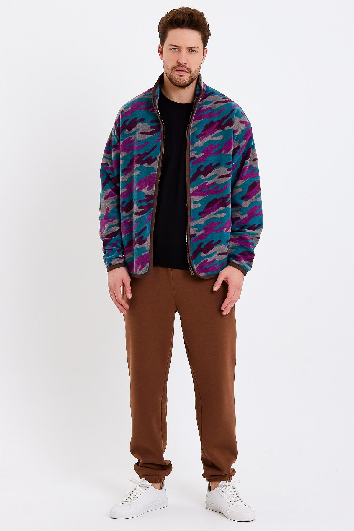 Kamuflaj Baskılı Fermuarlı Polar Ceket