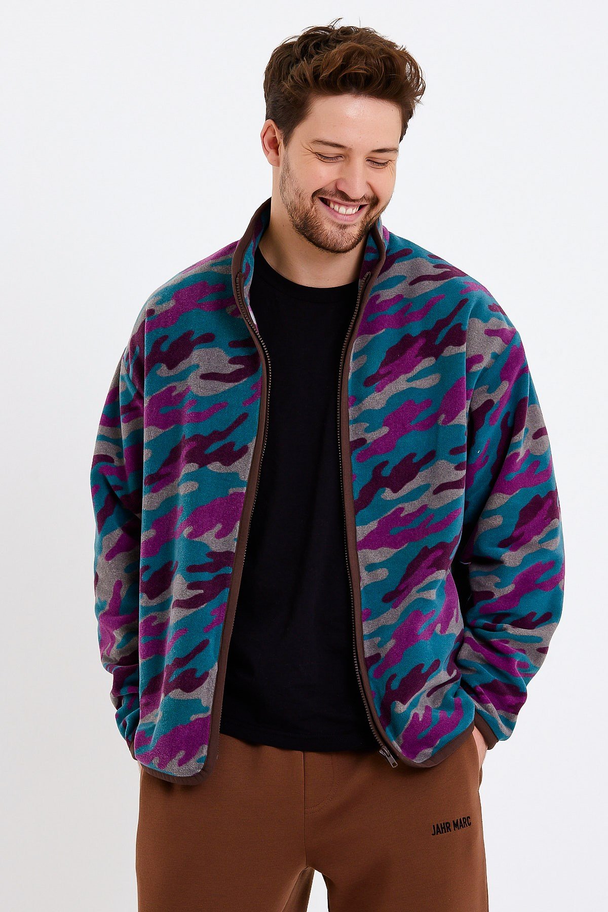 Kamuflaj Baskılı Fermuarlı Polar Ceket