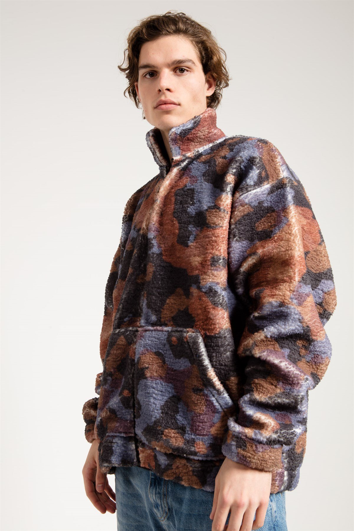 Kamuflaj Baskılı Oversize Peluş Erkek Ceket