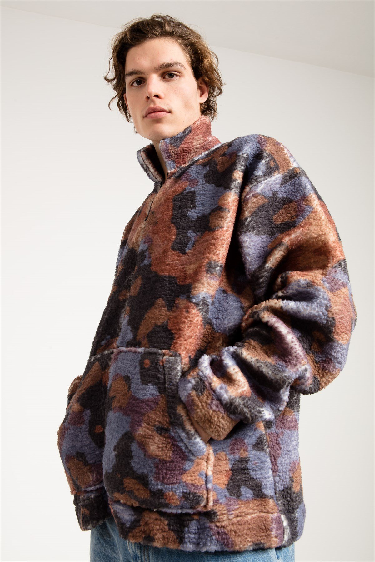 Kamuflaj Baskılı Oversize Peluş Erkek Ceket