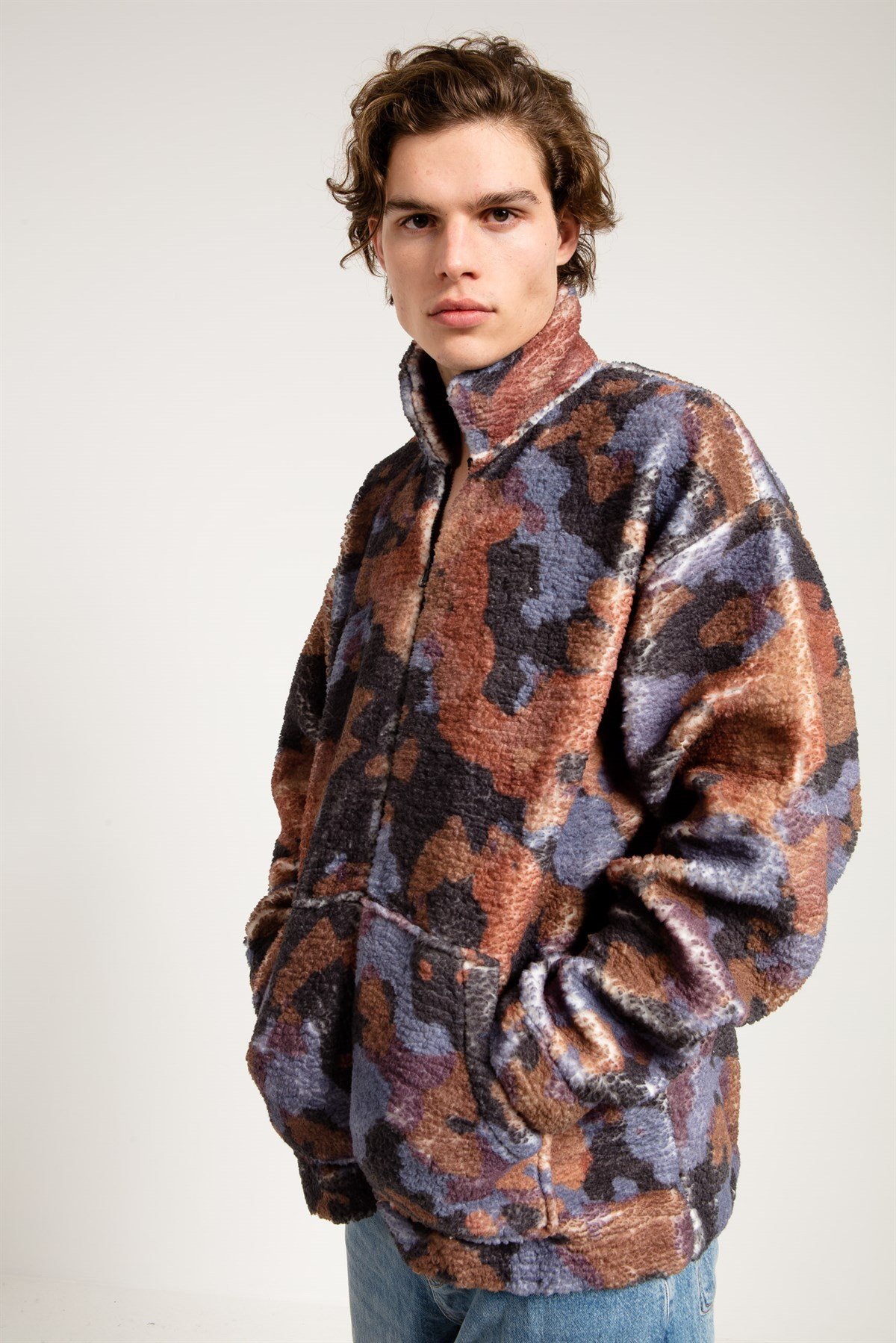 Kamuflaj Baskılı Oversize Peluş Erkek Ceket