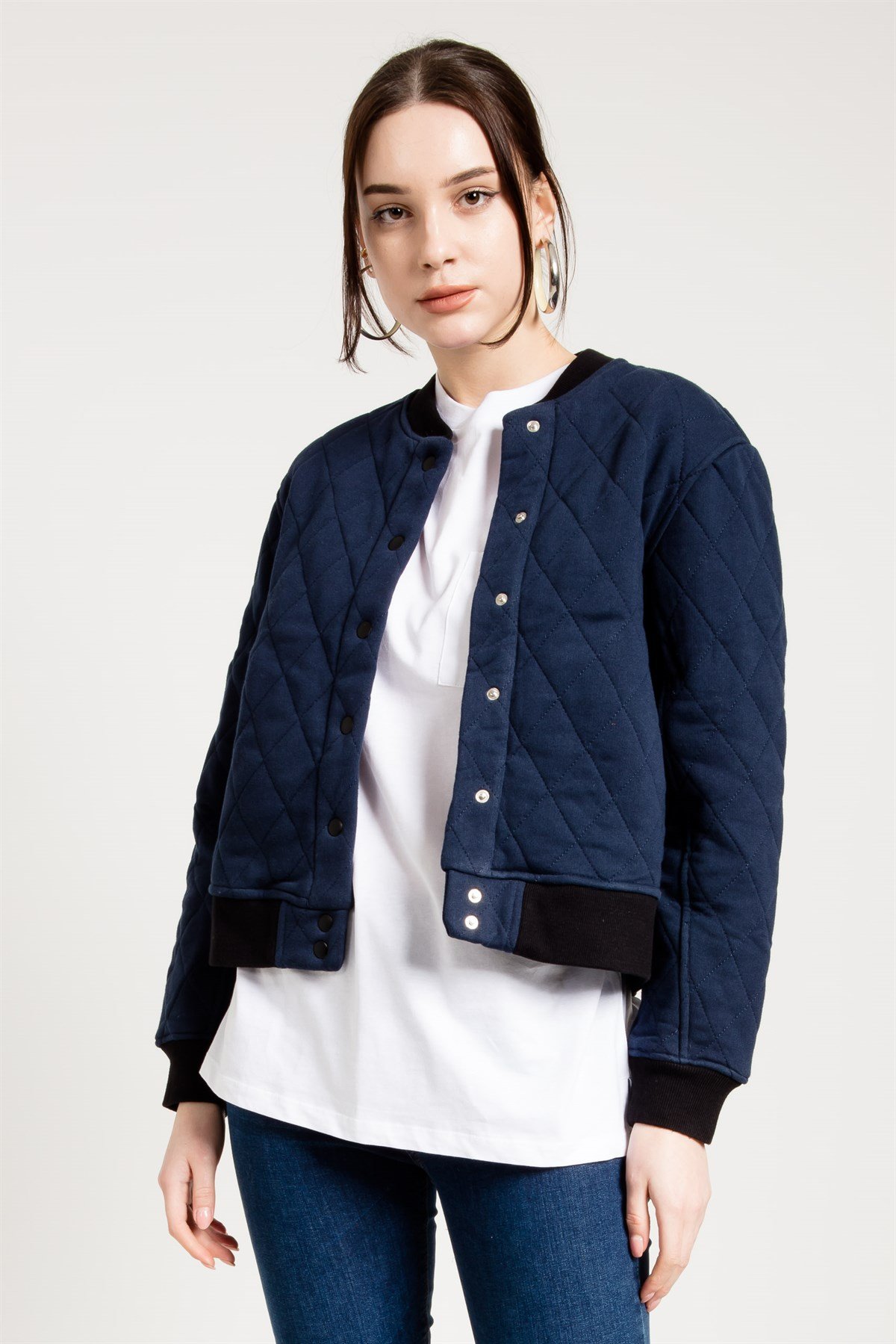 Bomber Jacket in Navy Blue with Quilted