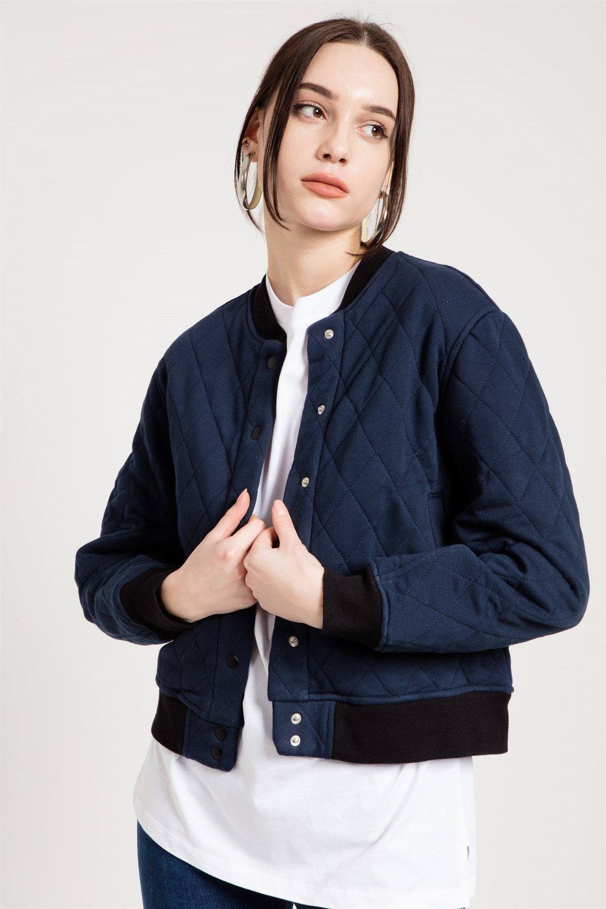 Bomber Jacket in Navy Blue with Quilted