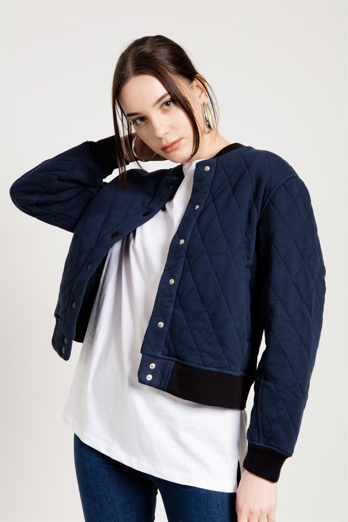 Bomber Jacket in Navy Blue with Quilted