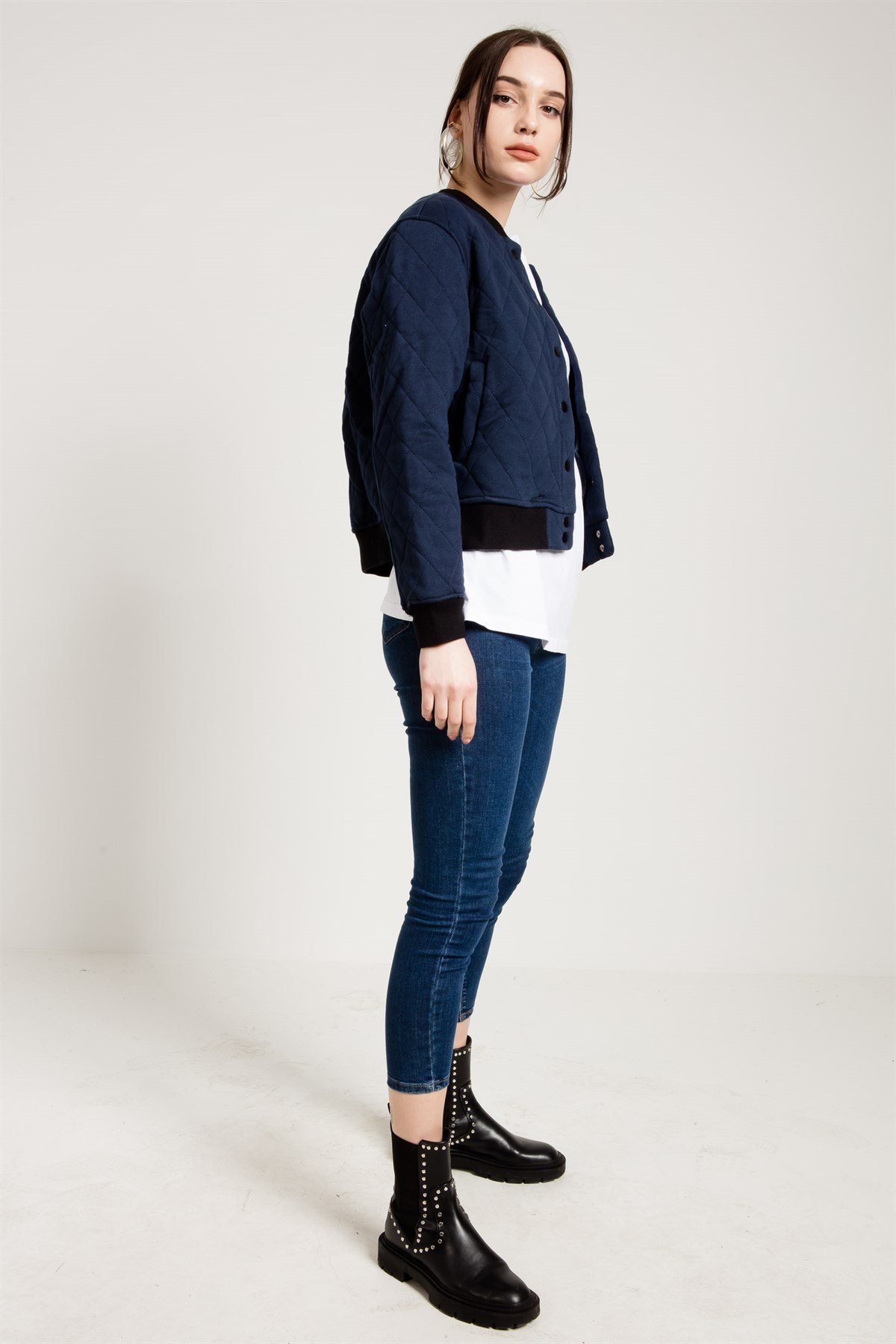 Bomber Jacket in Navy Blue with Quilted