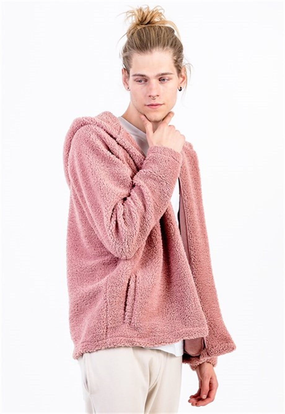 Kapüşonlu Oversize Pembe Peluş Erkek Sweatshirt