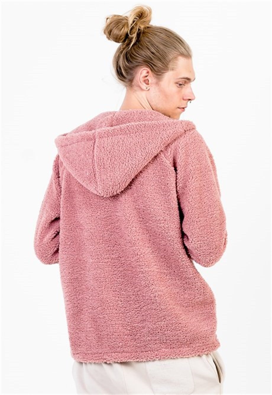 Kapüşonlu Oversize Pembe Peluş Erkek Sweatshirt
