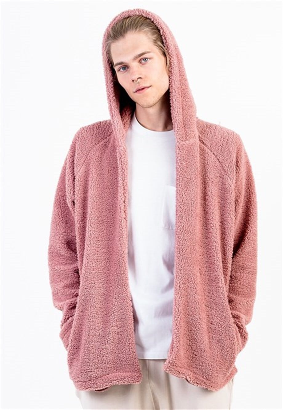 Kapüşonlu Oversize Pembe Peluş Erkek Sweatshirt