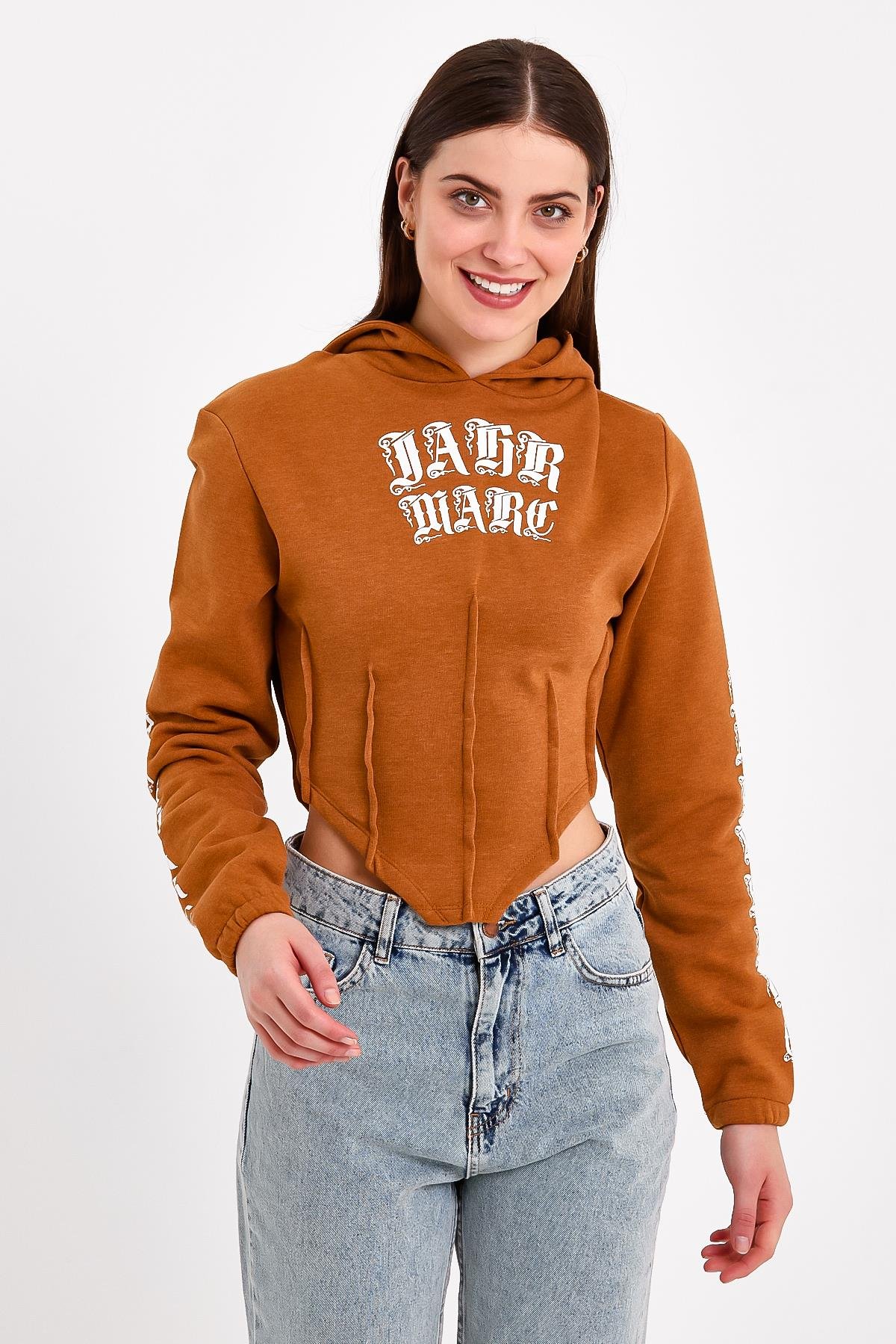 Baskılı Korse Detaylı Kahverengi Crop Fit Kapüşonlu Sweatshirt