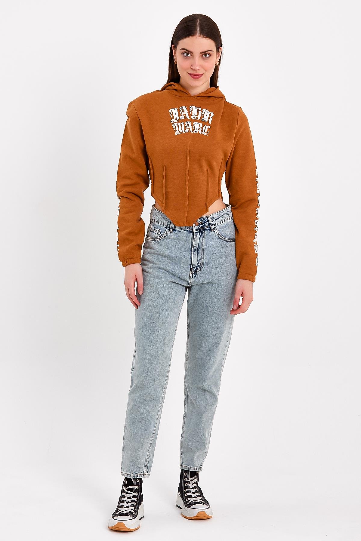 Baskılı Korse Detaylı Kahverengi Crop Fit Kapüşonlu Sweatshirt