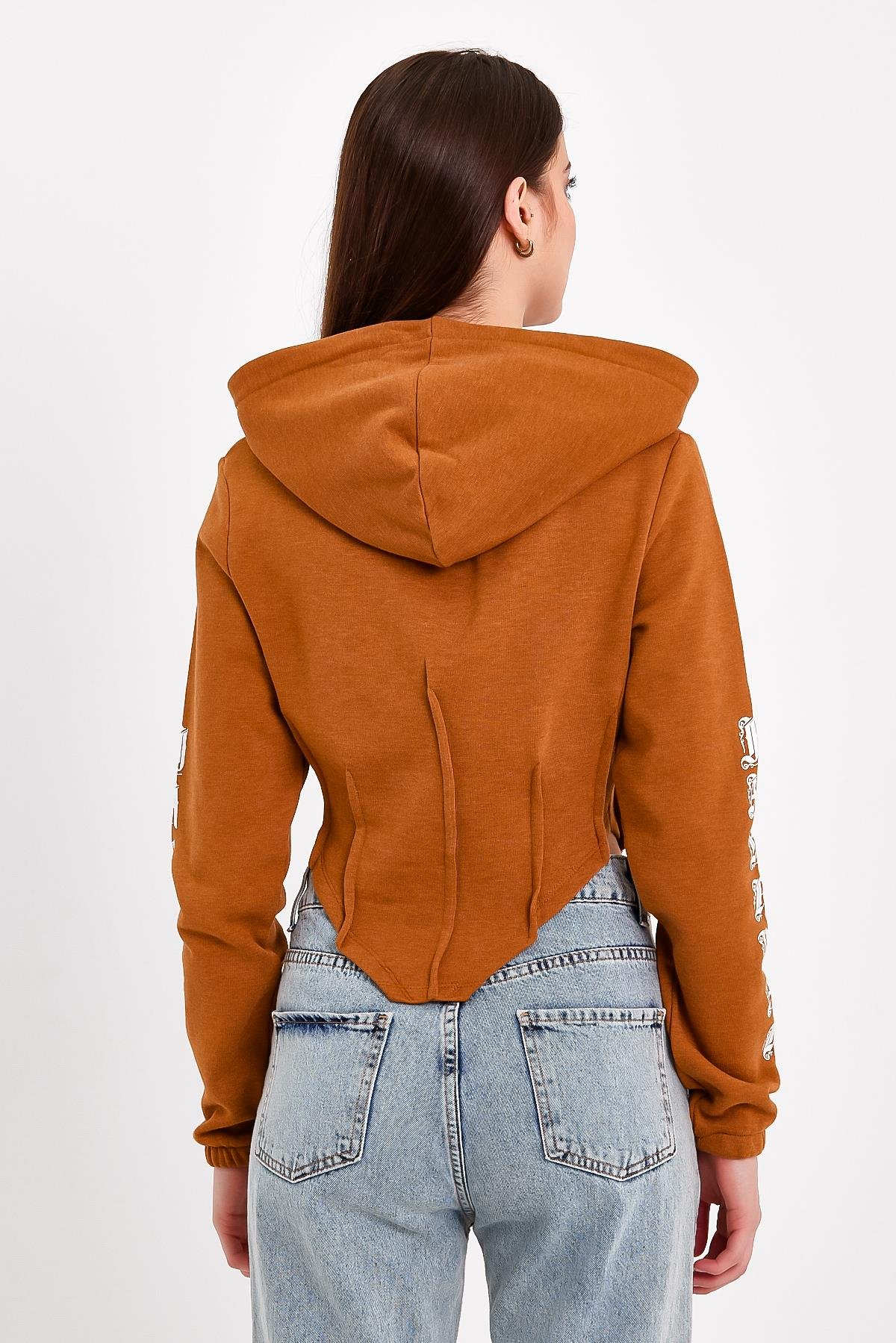Baskılı Korse Detaylı Kahverengi Crop Fit Kapüşonlu Sweatshirt