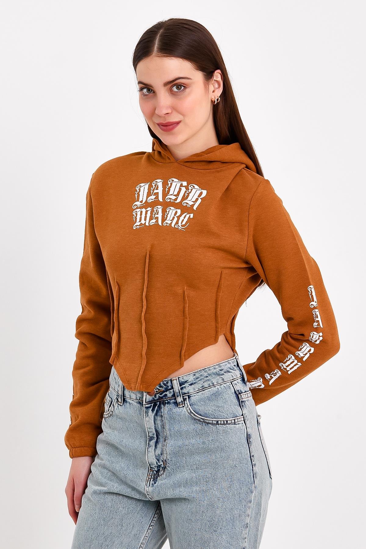 Baskılı Korse Detaylı Kahverengi Crop Fit Kapüşonlu Sweatshirt