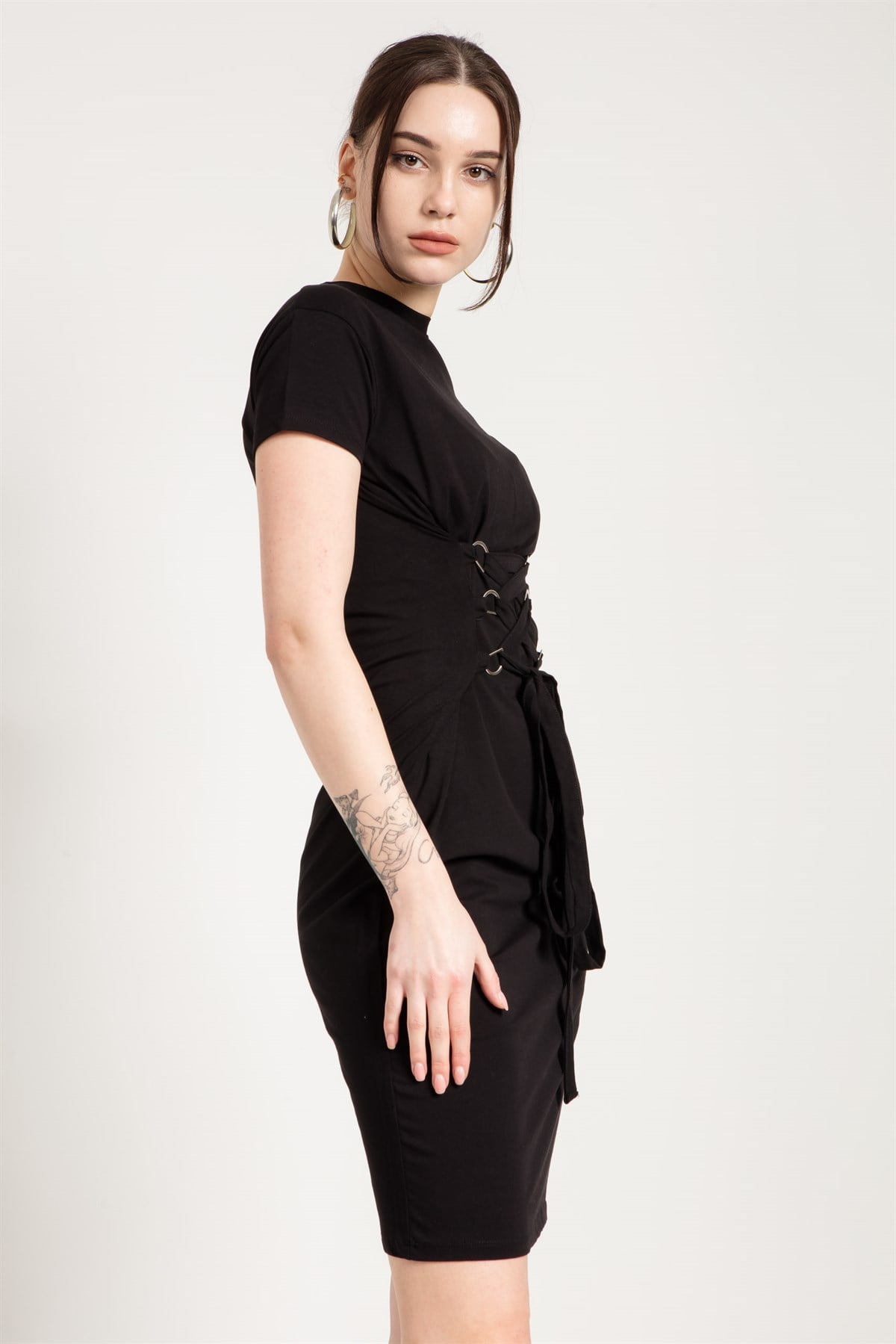 Corset Detail Midi Dress in Black