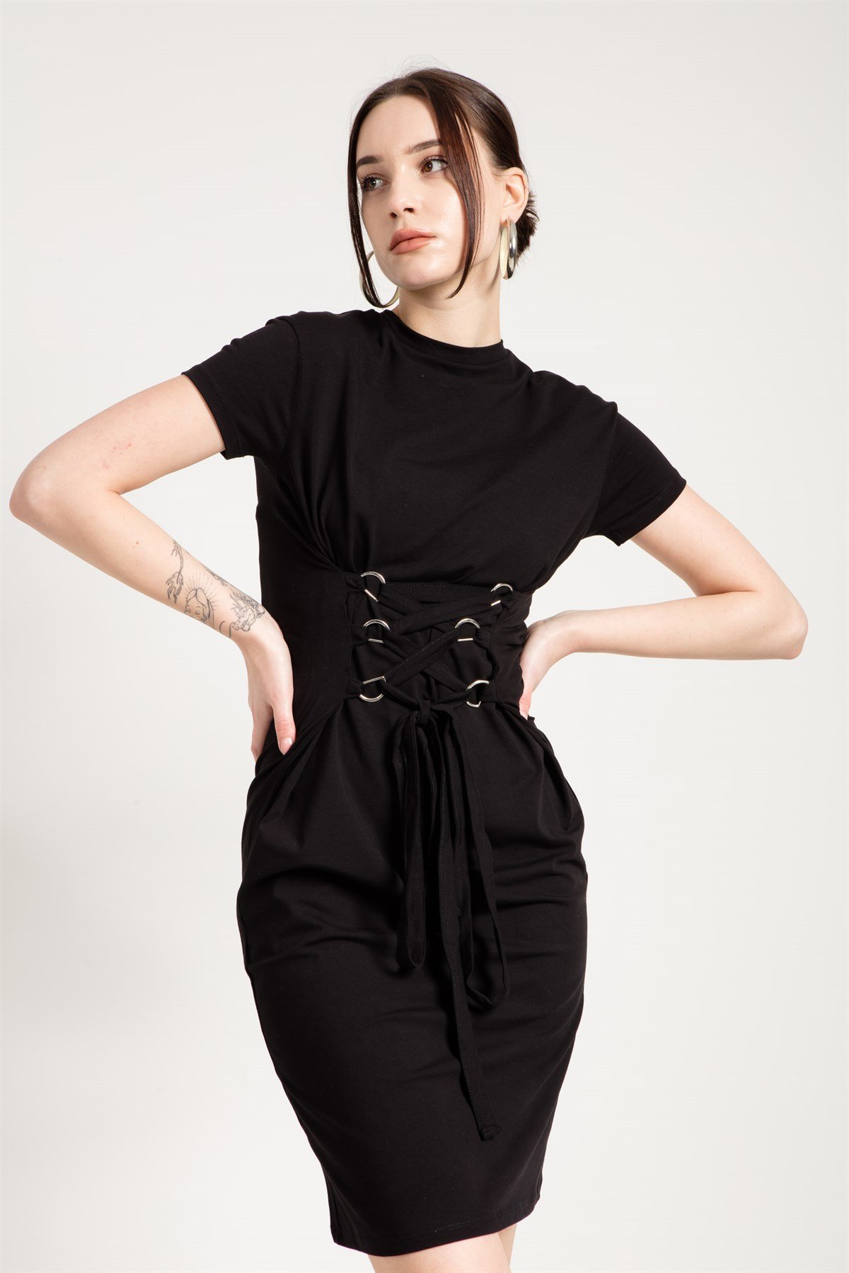 Corset Detail Midi Dress in Black