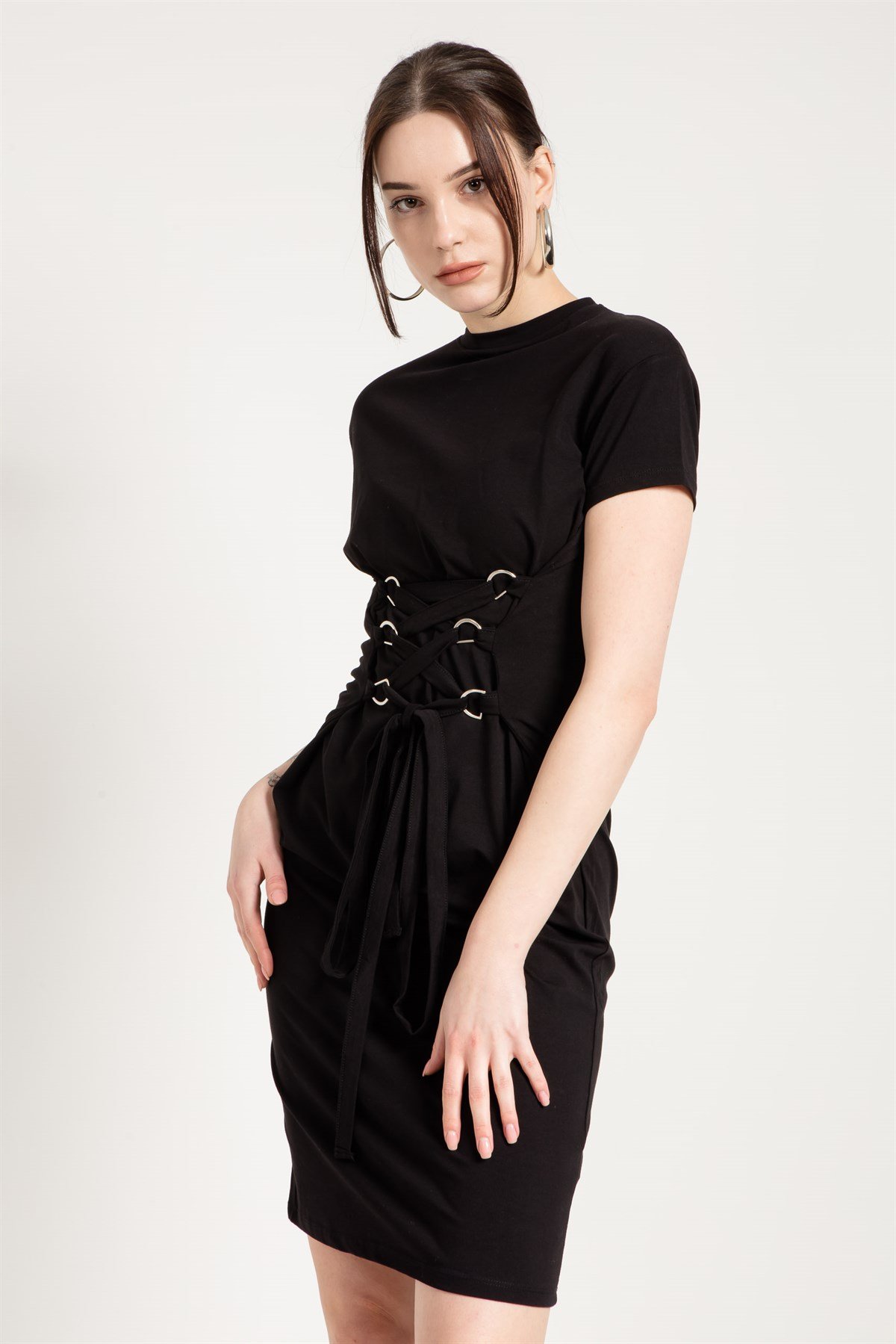 Corset Detail Midi Dress in Black