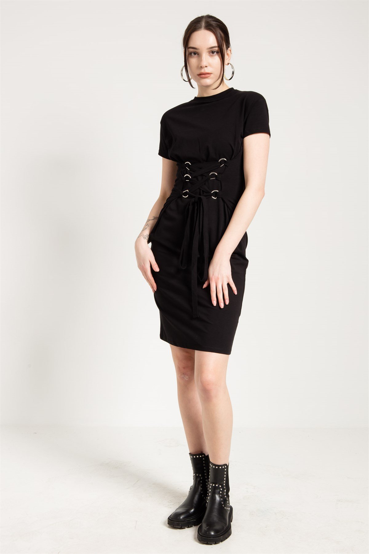 Corset Detail Midi Dress in Black