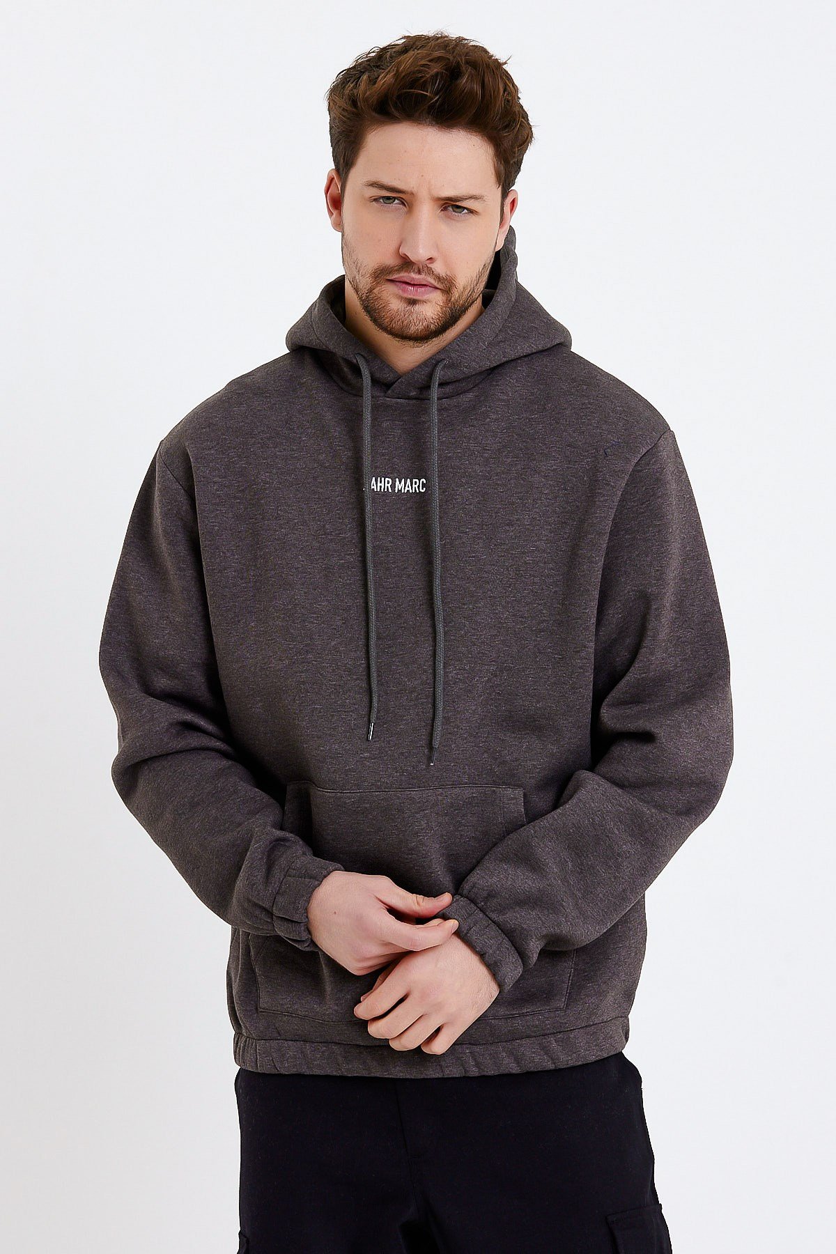 Koyu Gri Nakışlı Oversize Erkek Sweatshirt