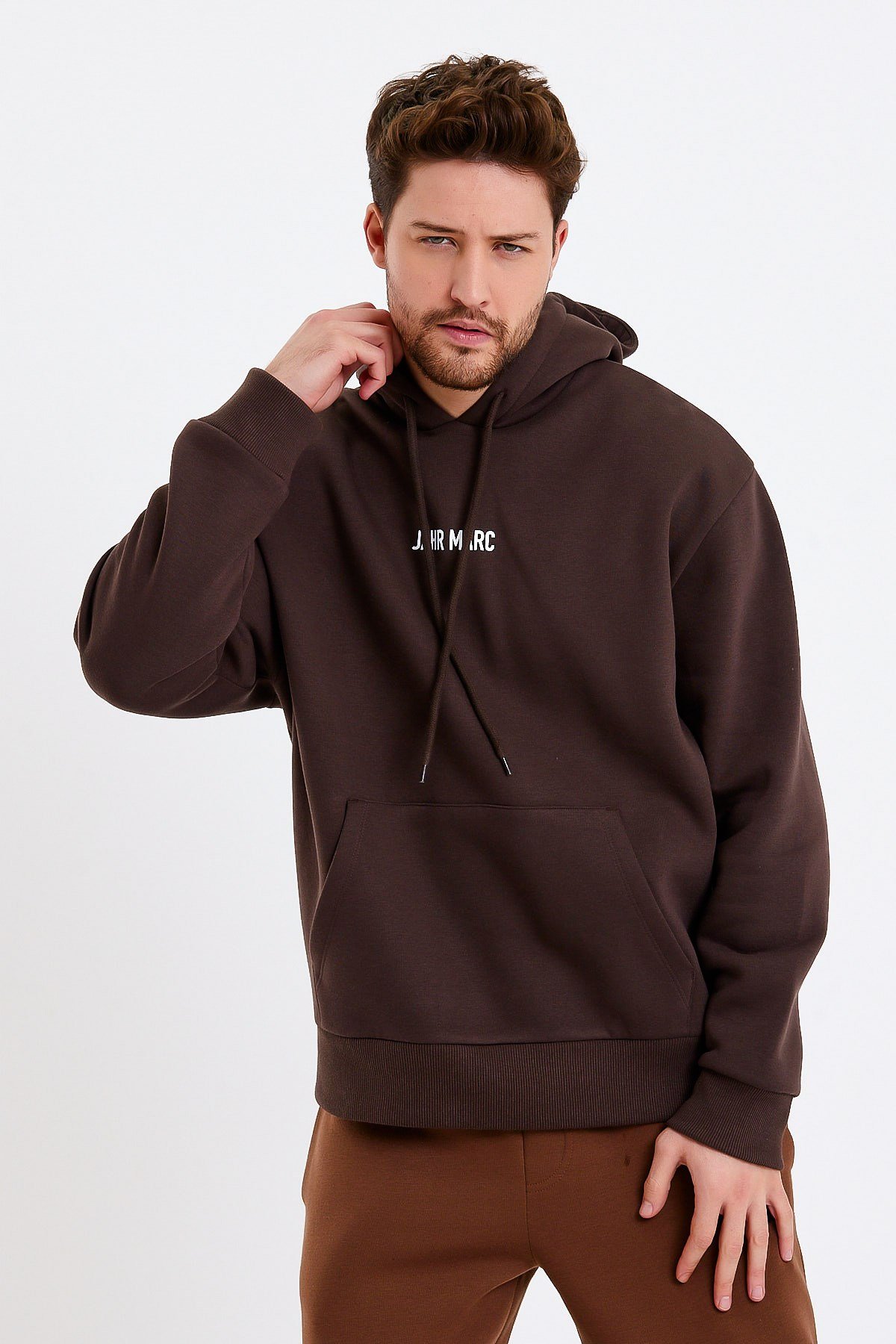 Koyu Kahverengi Nakışlı Oversize Erkek Sweatshirt