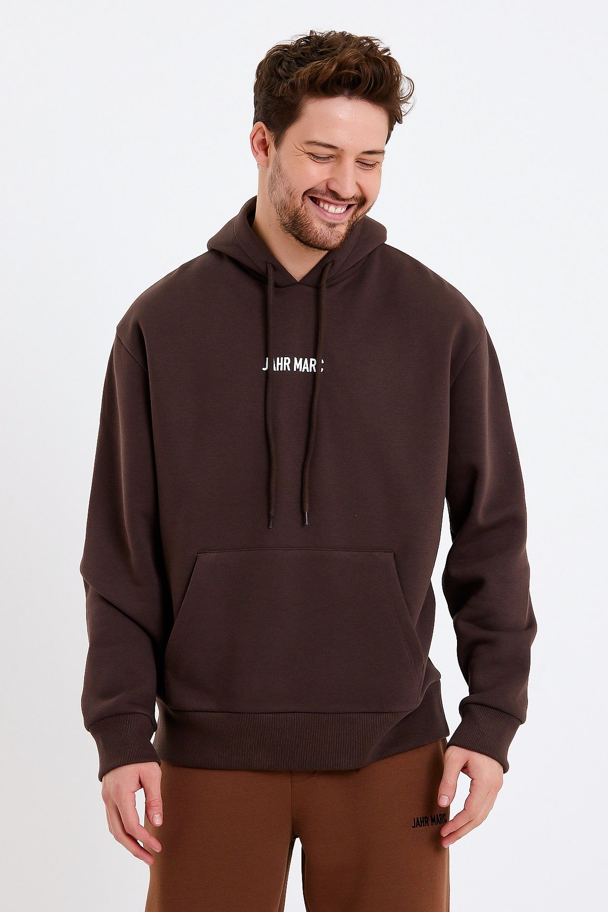 Koyu Kahverengi Nakışlı Oversize Erkek Sweatshirt