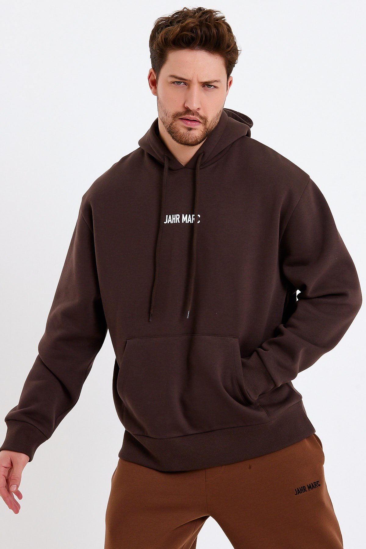 Koyu Kahverengi Nakışlı Oversize Erkek Sweatshirt