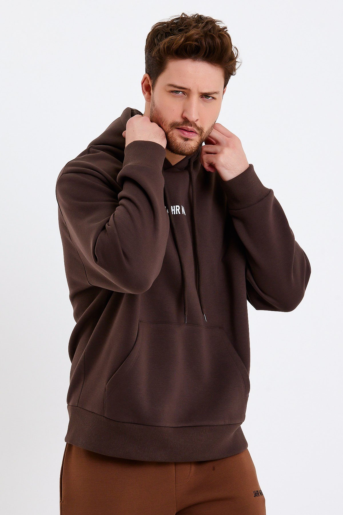 Koyu Kahverengi Nakışlı Oversize Erkek Sweatshirt