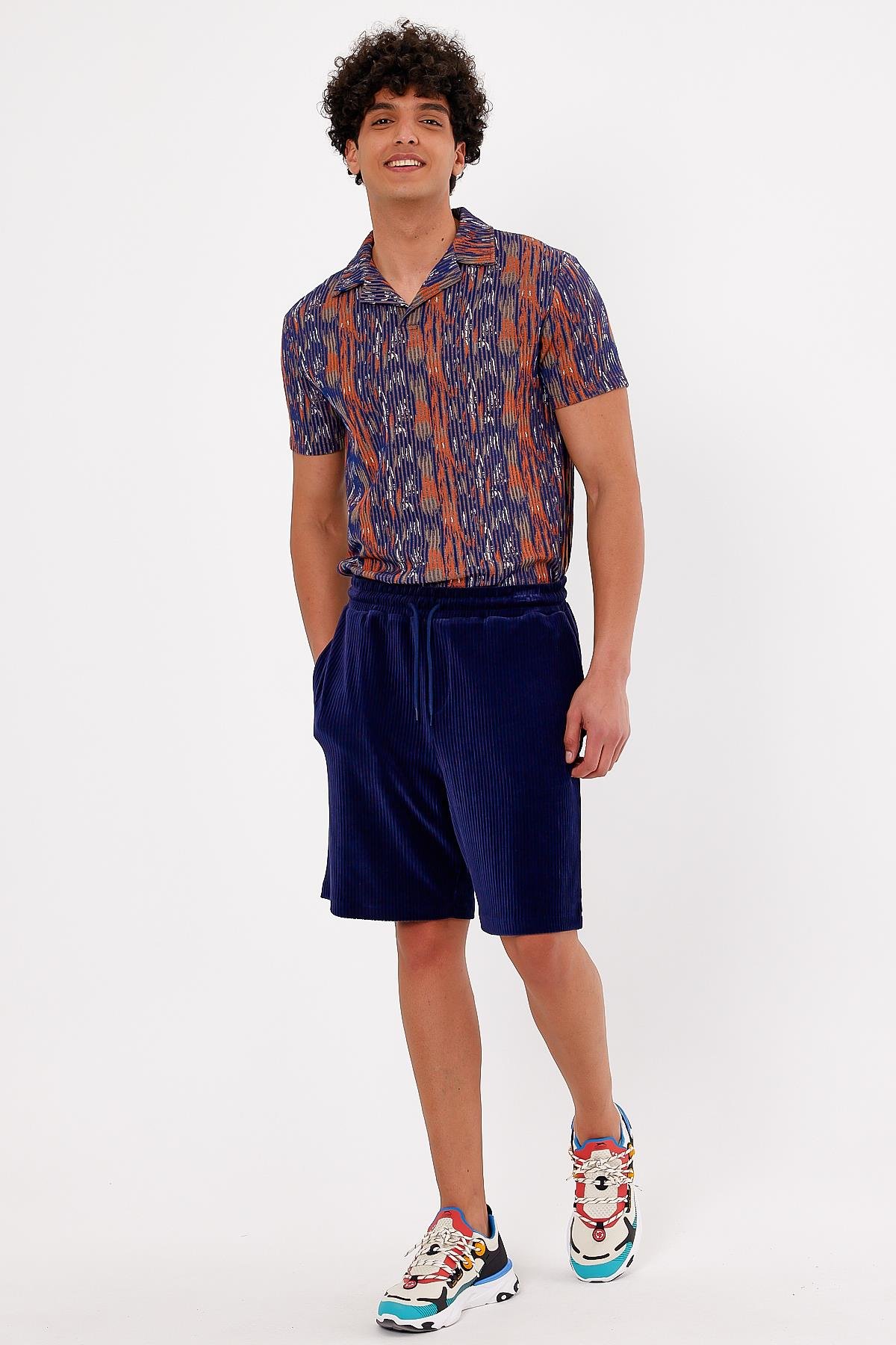 Lacivert Fitilli Kadife Erkek Şort