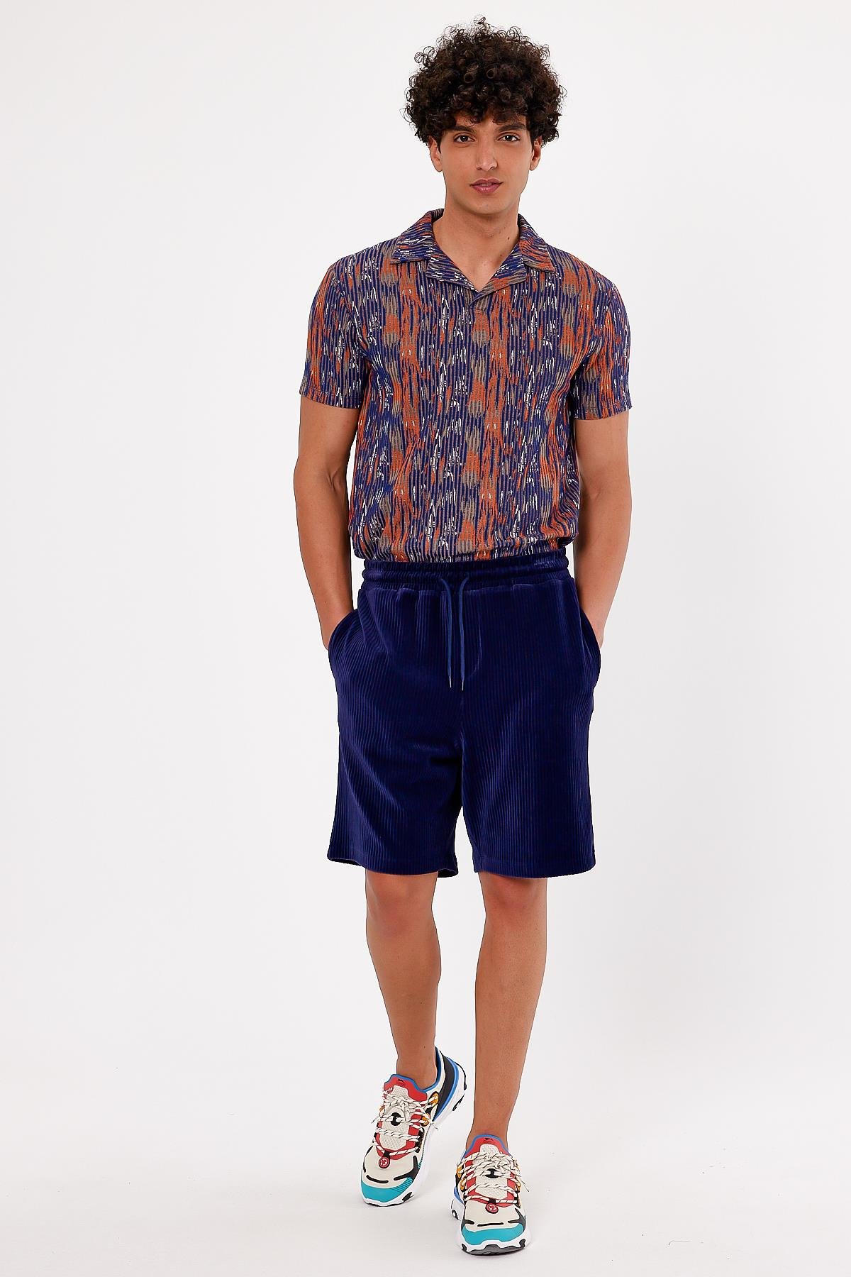 Lacivert Fitilli Kadife Erkek Şort