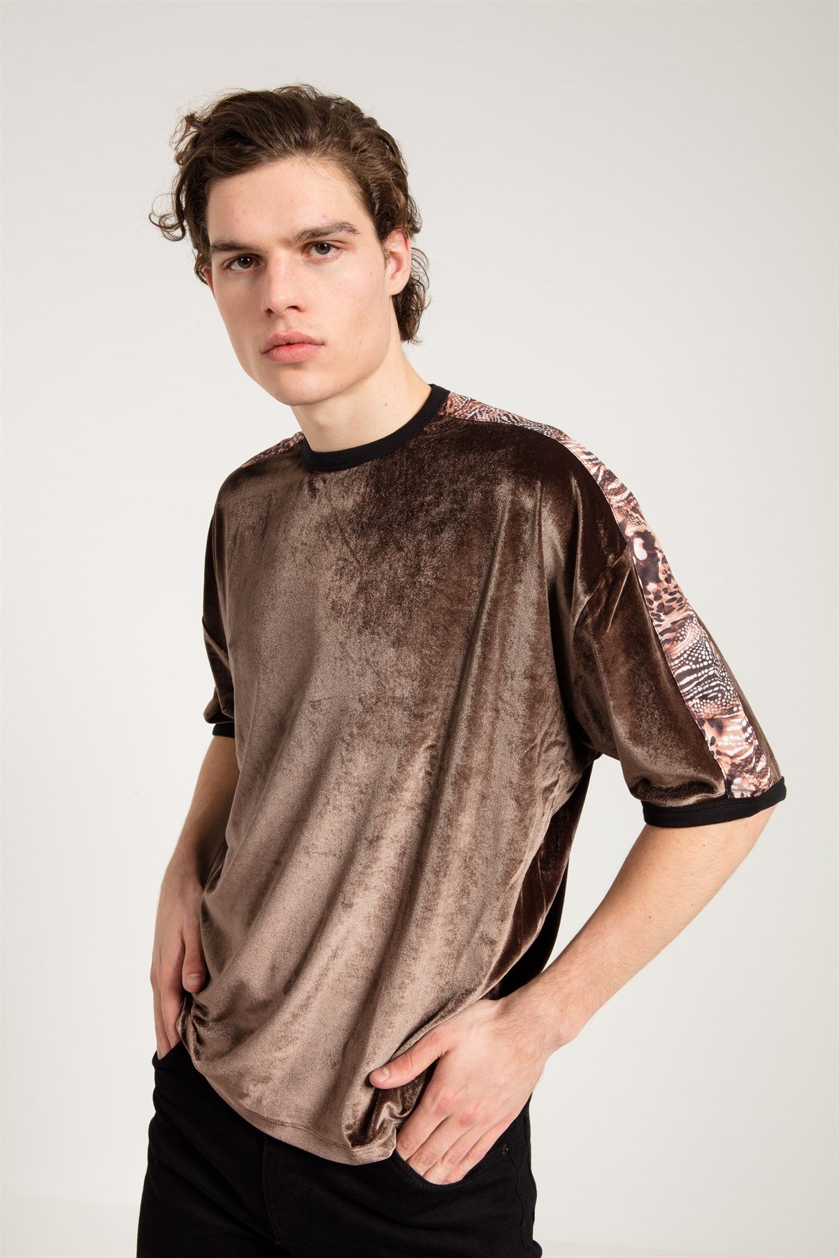 Unisex Velvet T-shirt in Brown with Leopard Print Tape