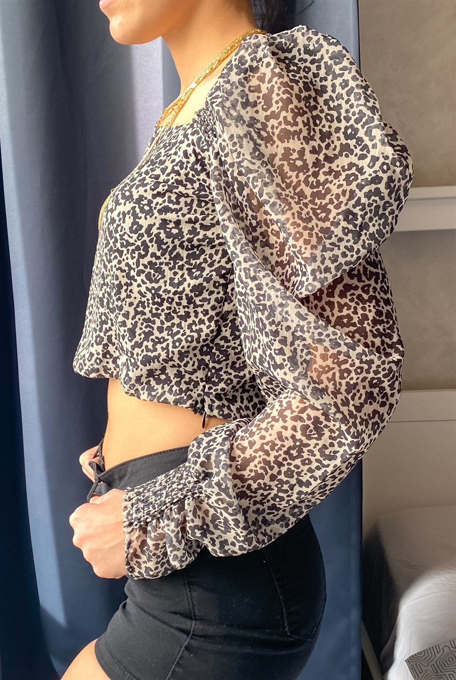 Leopar Desenli Balon Kollu Bluz