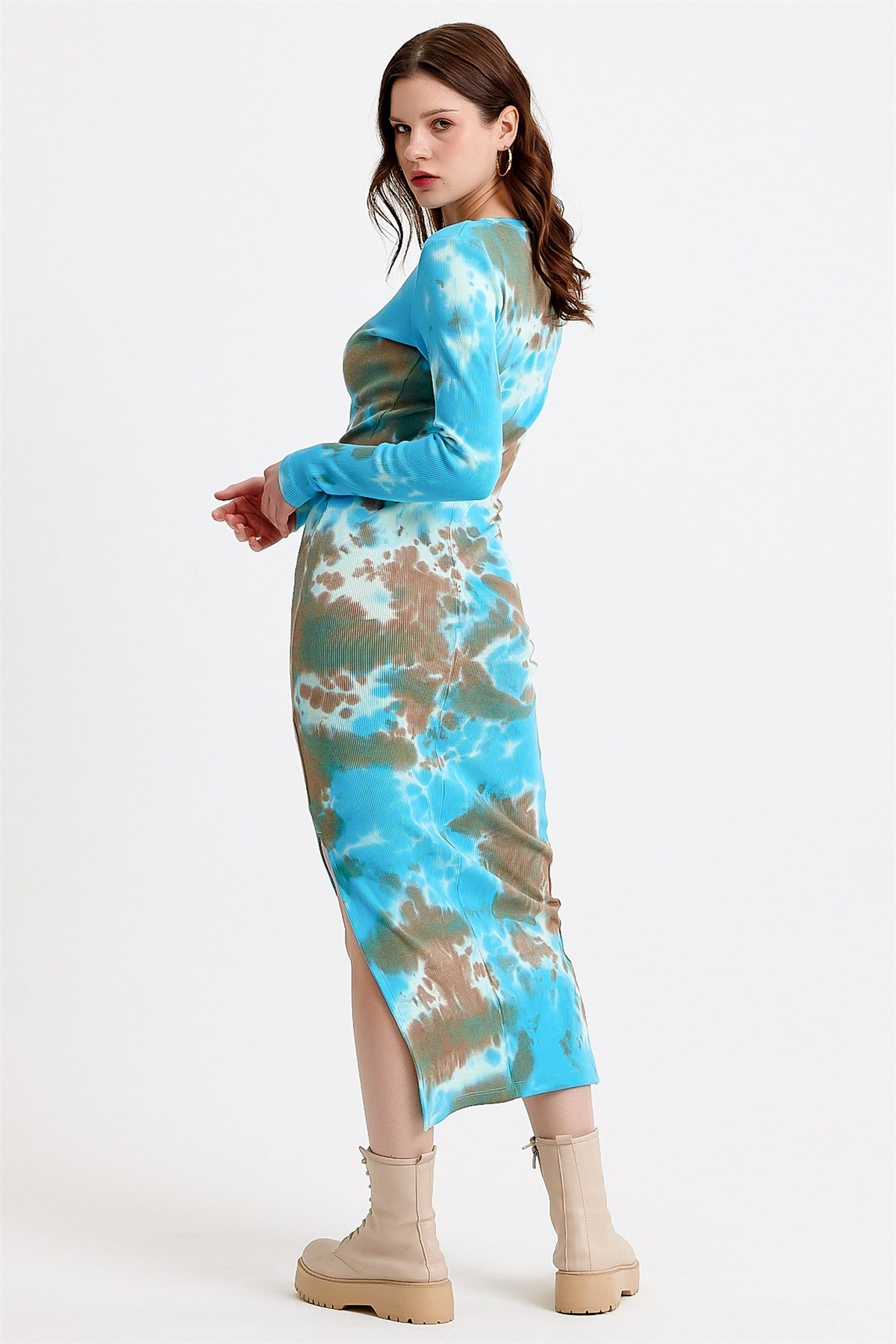 Mavi Batik Yıkamalı Yırtmaçlı Bodycon Elbise