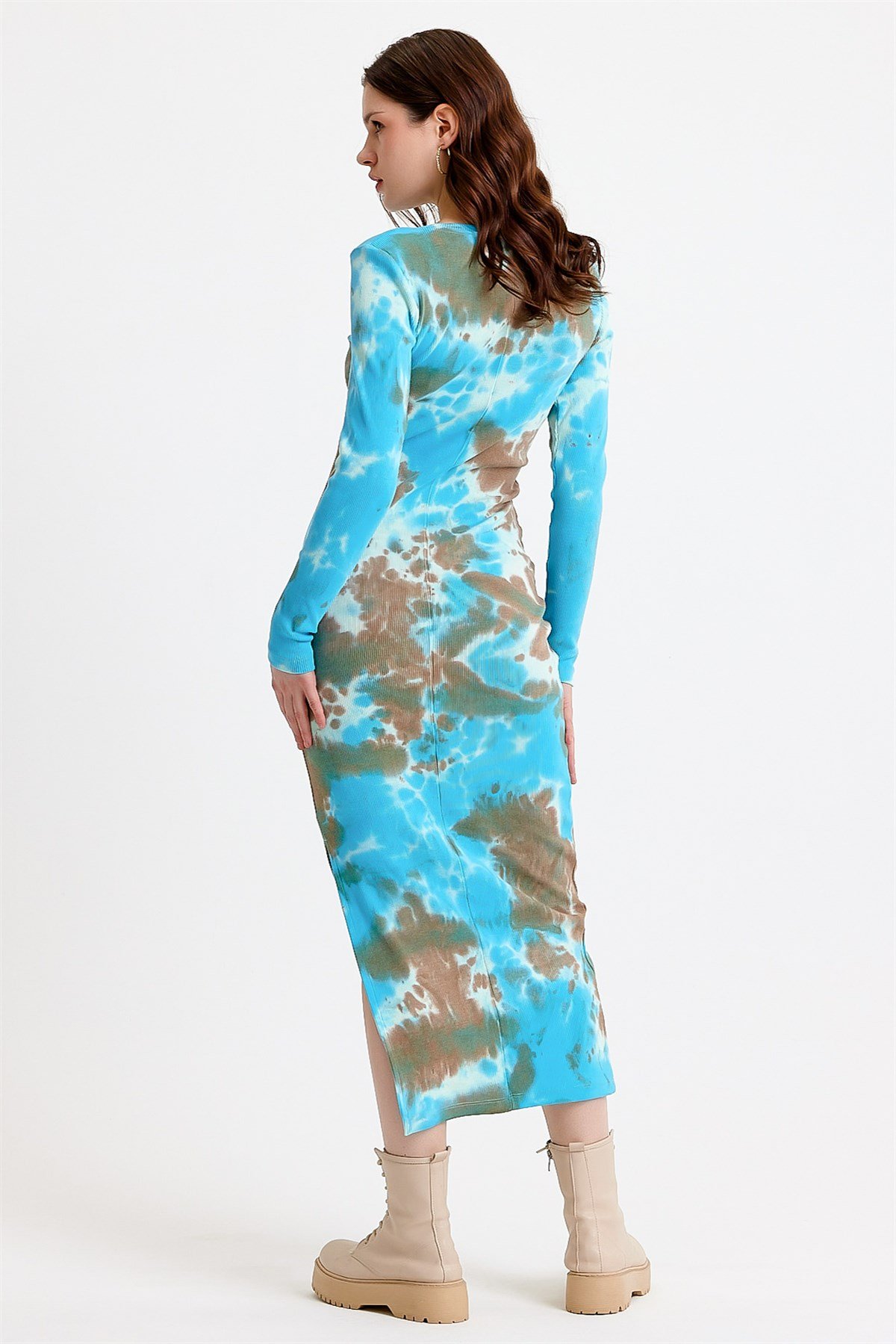 Mavi Batik Yıkamalı Yırtmaçlı Bodycon Elbise