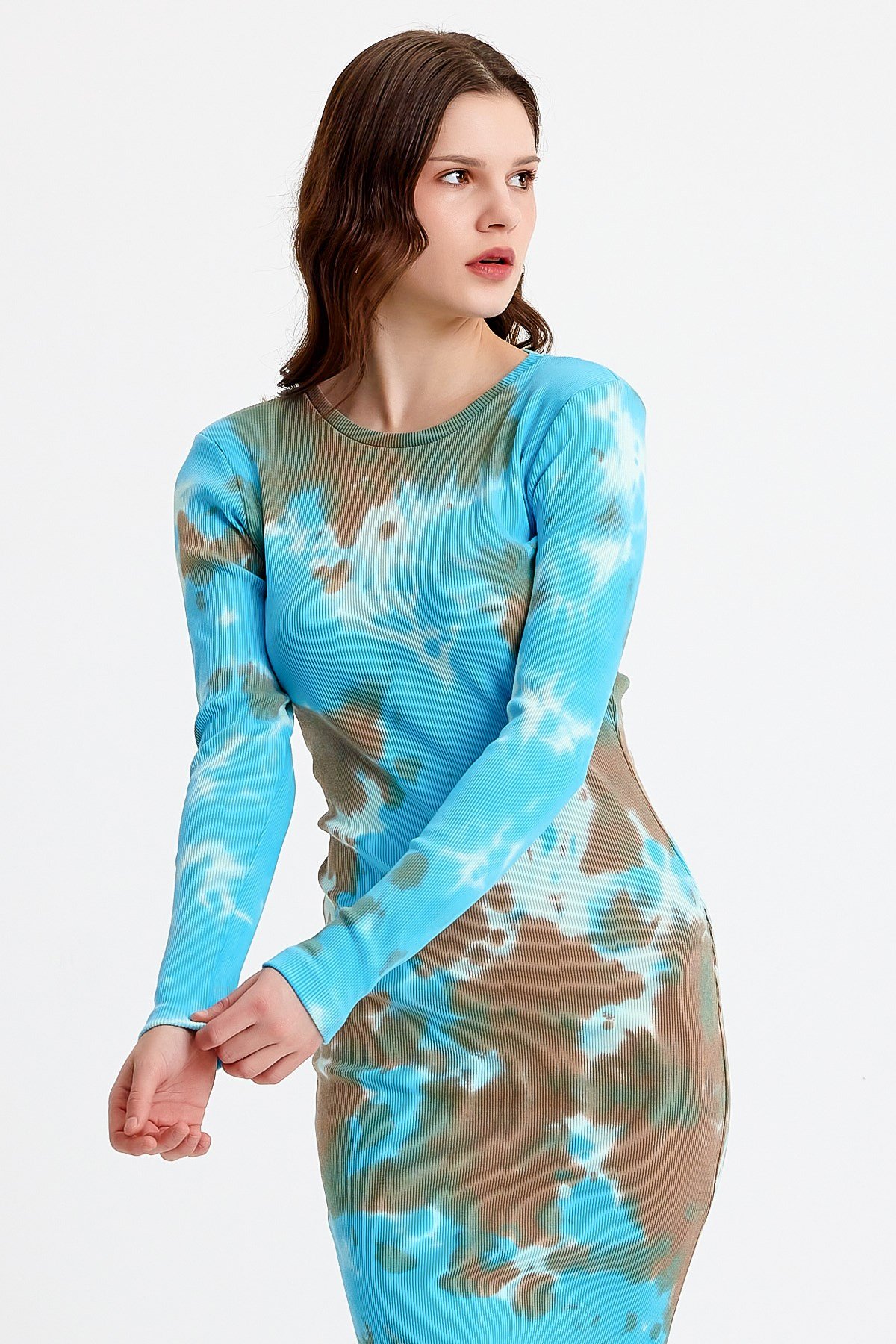 Mavi Batik Yıkamalı Yırtmaçlı Bodycon Elbise