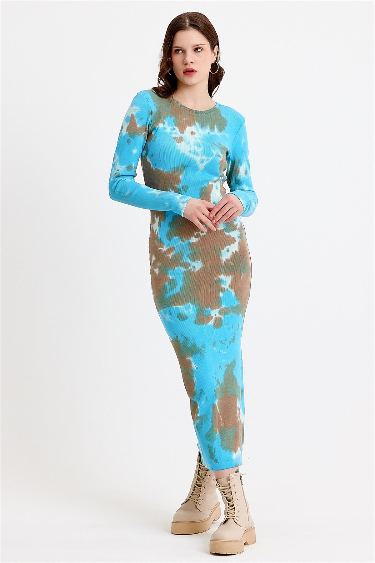 Mavi Batik Yıkamalı Yırtmaçlı Bodycon Elbise