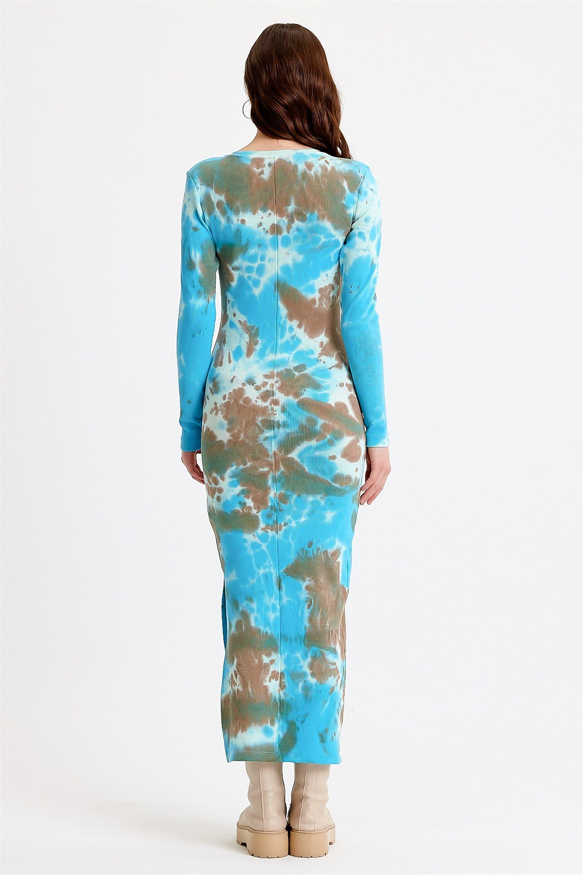 Mavi Batik Yıkamalı Yırtmaçlı Bodycon Elbise