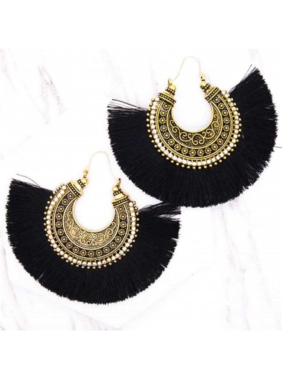 MULIER BULIA El Yapımı Siyah Püsküllü Küpe