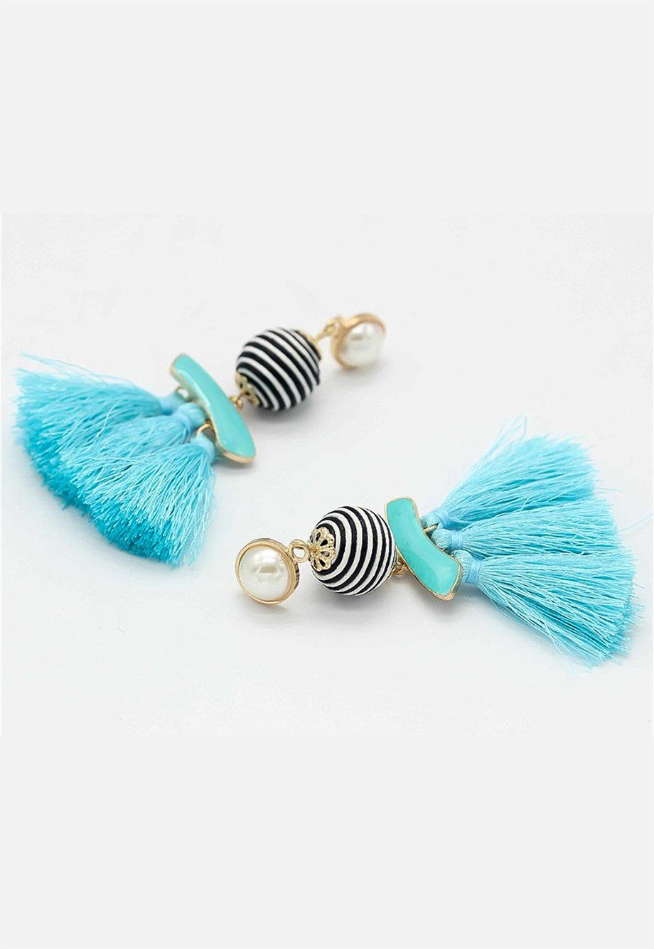 MULIER BULIA Mavi Püsküllü ve Çizgili Küpe