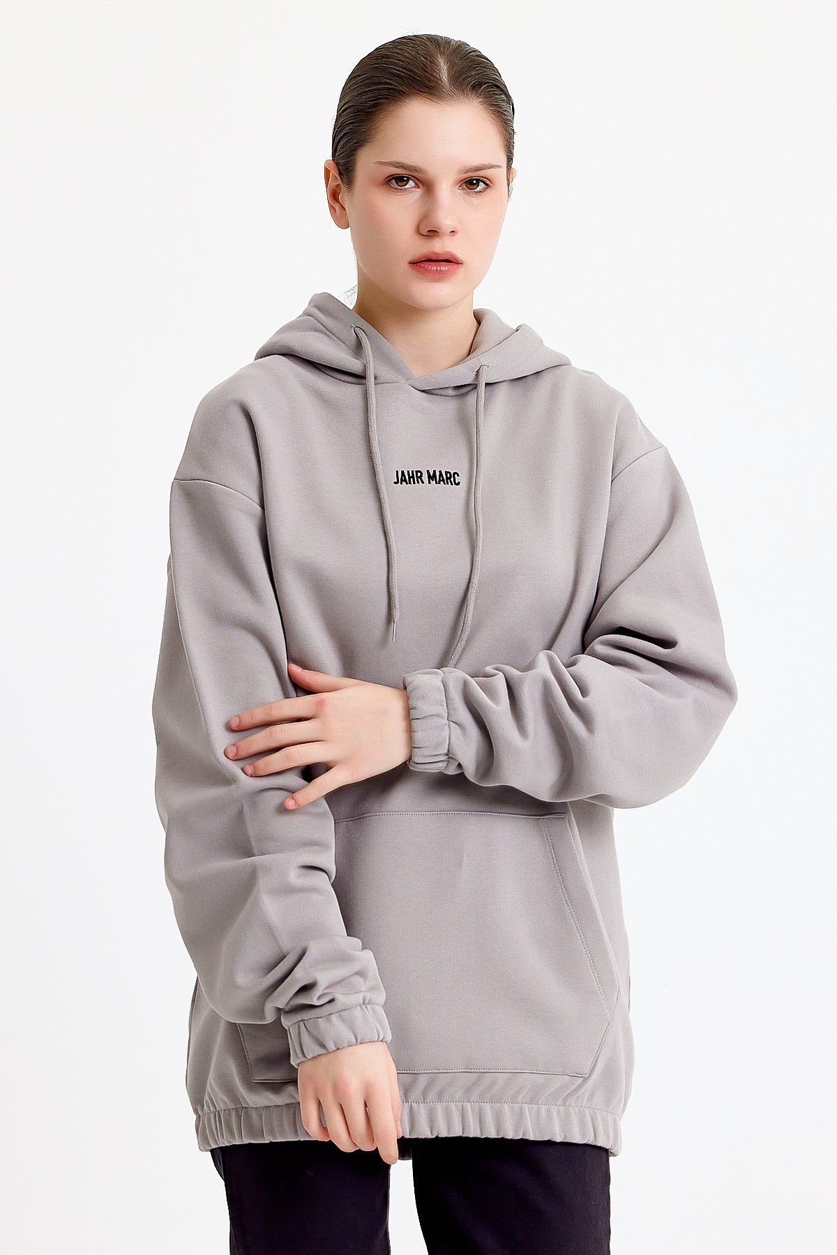 Nakışlı Oversize Açık Gri Kapüşonlu Kadın Sweatshirt